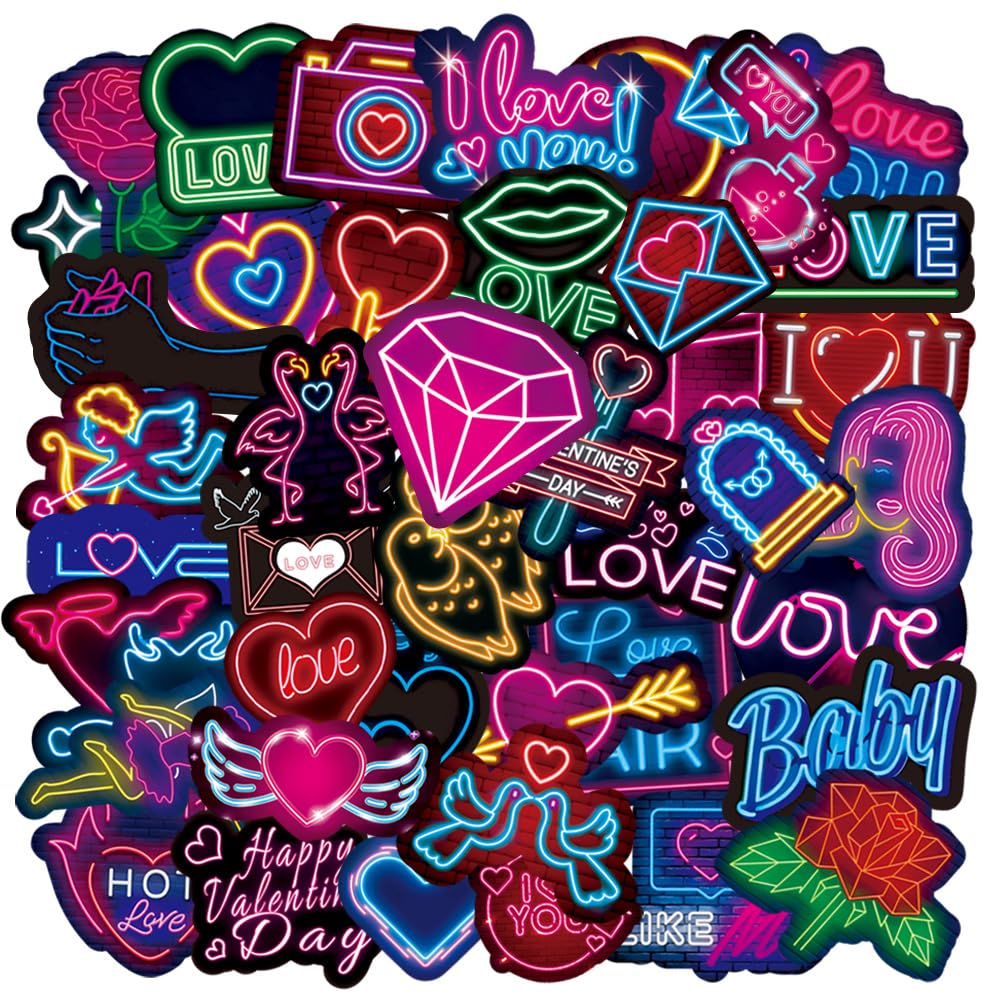 FUIN 50Pcs Neon Love Stickers for Adults, Trendy Graffiti Waterproof Vinyl Neon Stickers Pack for Bottle, Skateboard, Guita, Car Bumper, Suitcase, Scrapbook, Valentine's Day Gift for Boy Girl Friend
