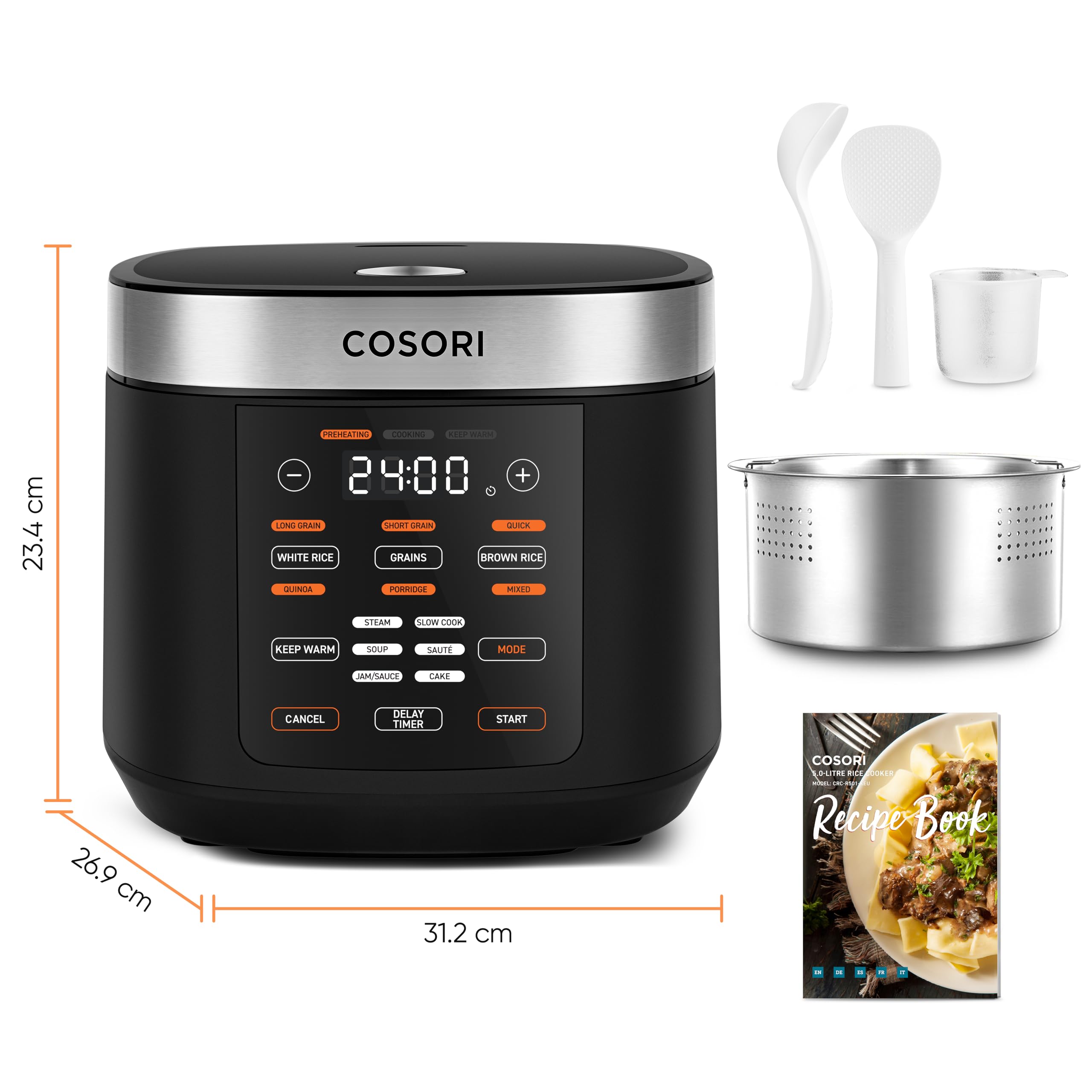 COSORI Reiskocher, Keramikbeschichtung, Rice Cooker 5 L, Multikocher mit 17 Programme, Fuzzy-Logik, Dampfgarer mit Edestahleinsatz, Warmhaltefunktion, Timer, Schwarz