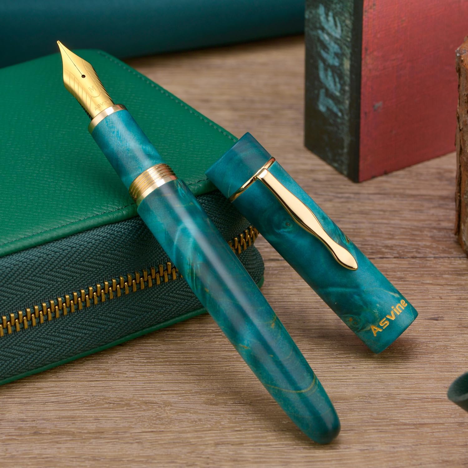 Asvine Stabilized Wood Fountain Pen C2000 Number 8 Extra Fine Nib Large Handcraft Unique Pattern Pen with Converter Pen Box Collection Set- Oasis