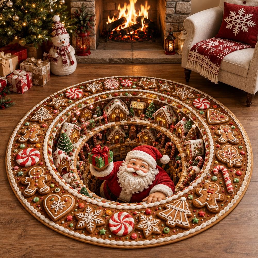 Christmas 3D Round Rug, Optical Illusion Christmas Area Mat for Indoor Outdoor Use, Santa Claus Decorative Rugs Welcome Floor Mat for Living Room Home Gifts