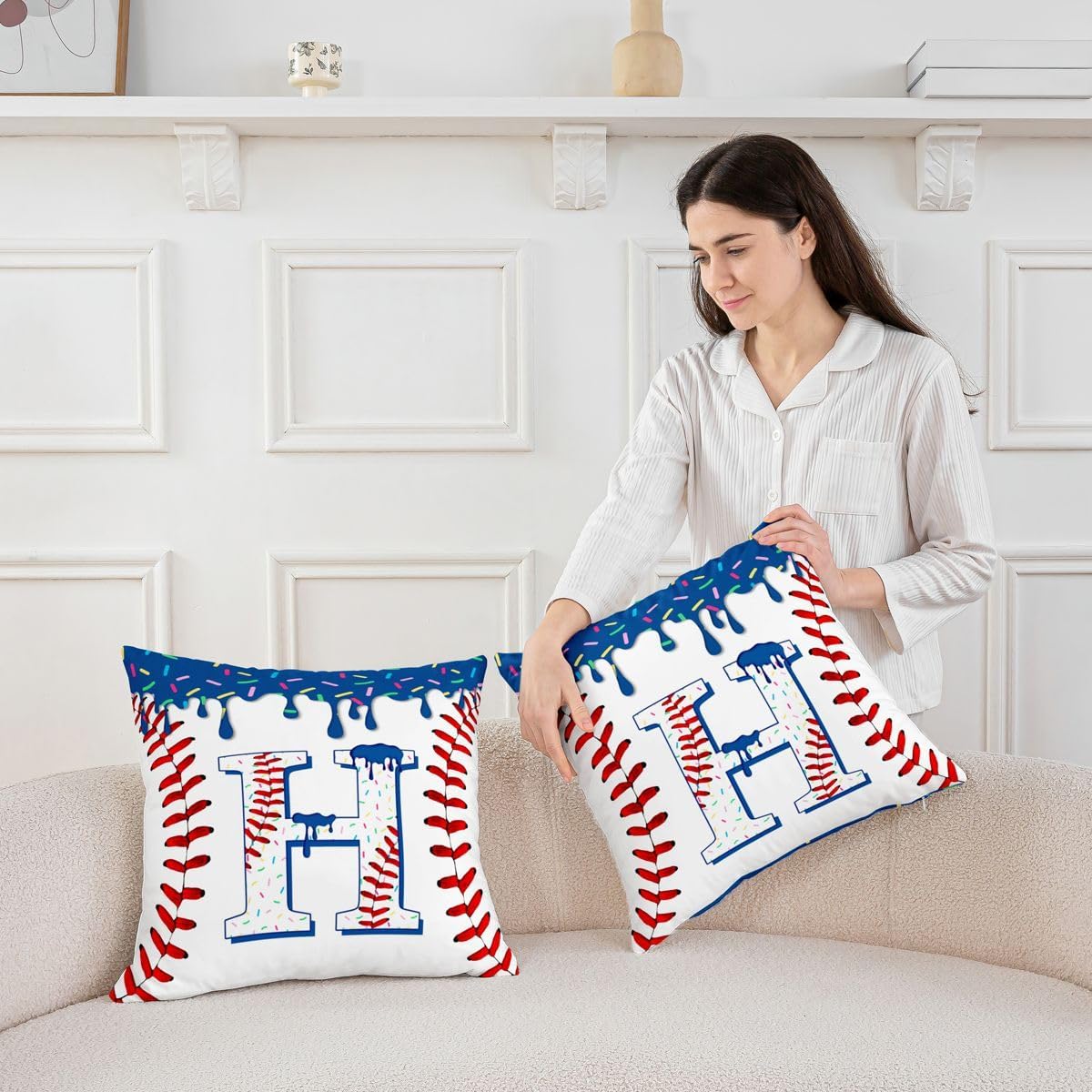 Erosebridal Navy Blue Ice Cream Drip Throw Pillow Covers 20X20 Set of 2 Alphabet H Cushion Cover Sports Gaming Throw Pillowcases for Bed Couch Sofa Sweet Cream Candy Dessert Home Decor image 3