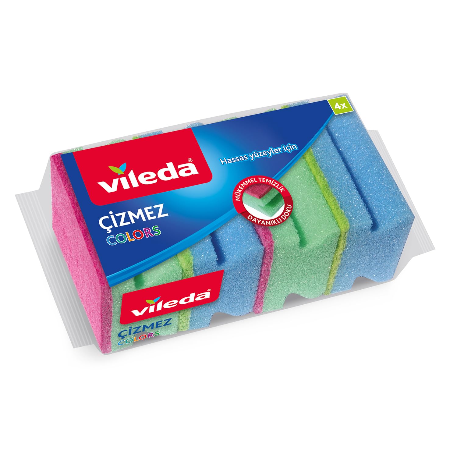 Vileda 169750 Colors Çizmez Sünger 4'lü Oluklu, Yeşil-Mavi-Pembe