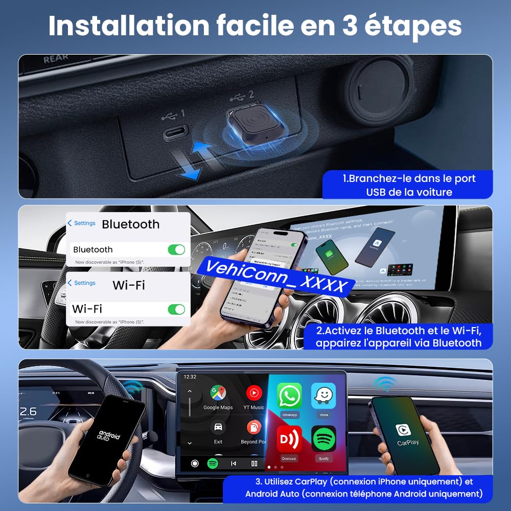 CarlinKit Adaptateur sans fil CarPlay et Android Auto MINI-Ultra 2 en 1, Design Mini Bâton, Mise à Niveau OTA pour Conversion CarPlay/Android Auto