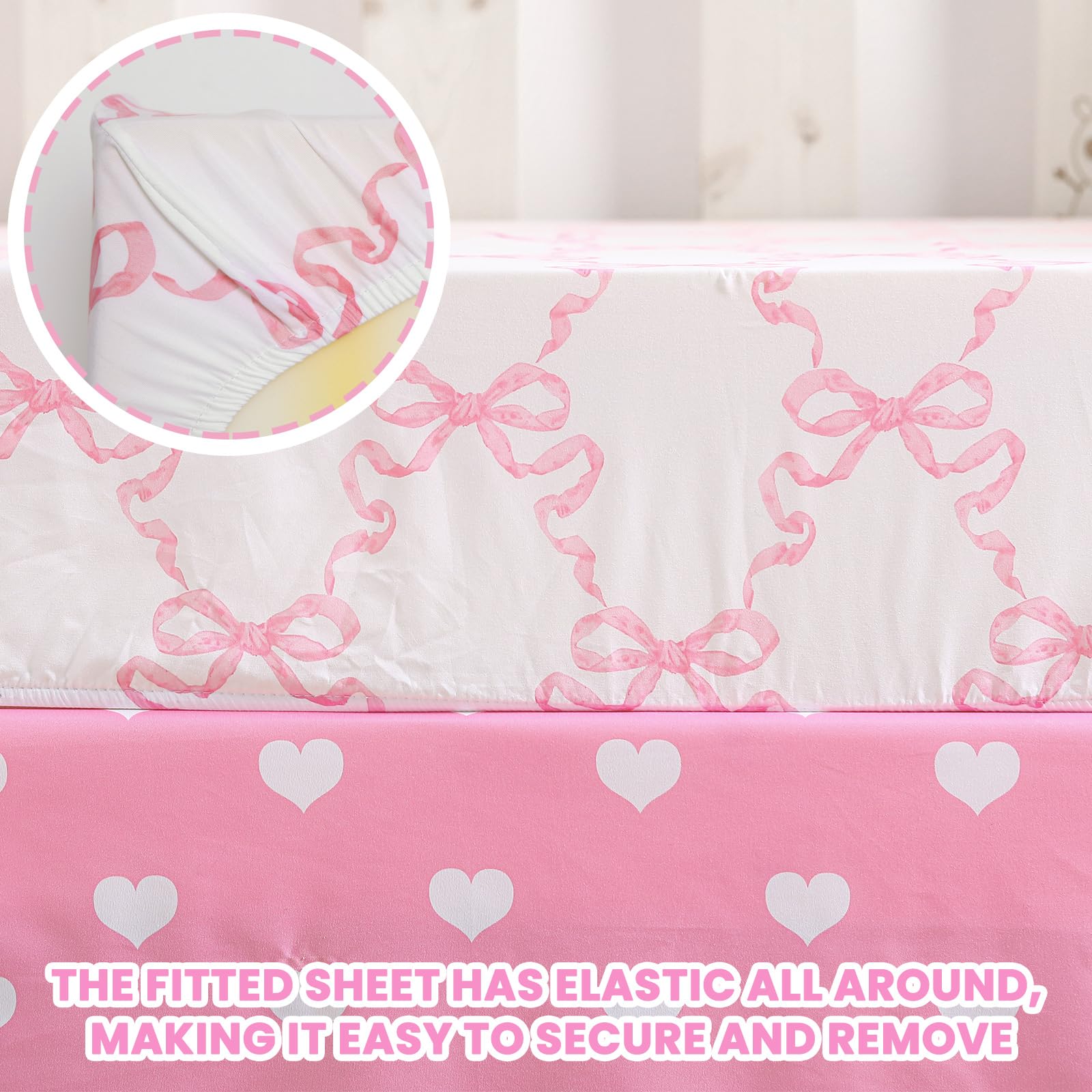 Hahafelt Juego de ropa de cama de 3 piezas para cuna de bebé, coqueta con lazo rosa, para niñas, coqueto, lazo de corazón rosa, incluye edredón, sábana bajera ajustable y falda