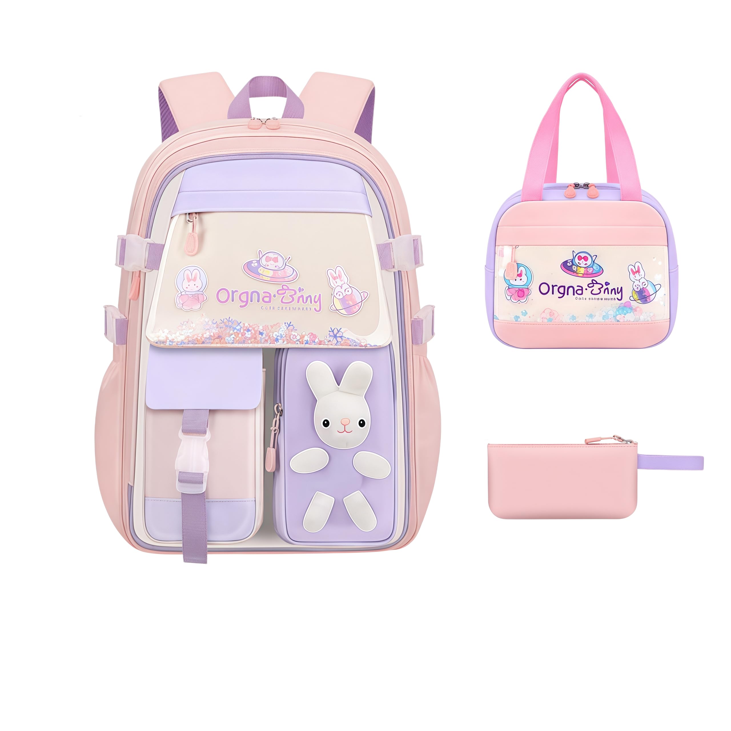 Kawaii Bunny Girls zaino scuola con borsa pranzo e astuccio rosa grande