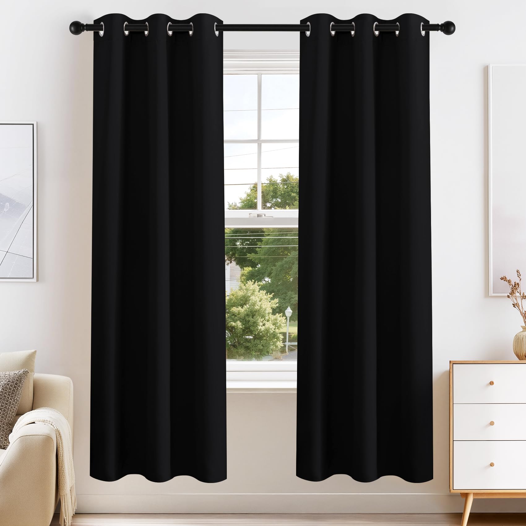 PONY DANCE Bedroom Blackout Curtains, 42 Wide by 72 in Long, Black, 2 PCs