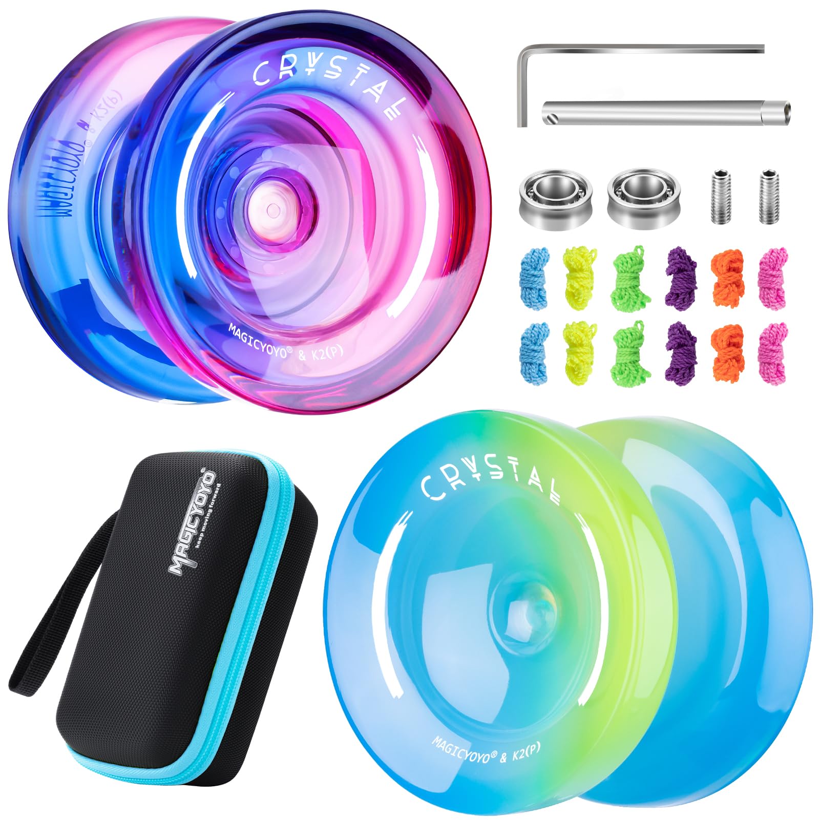 YOSTAR K2 Yoyos Pack, Yoyo Master Pack, 2 in 1 Vaual Crystal Yoyo, Responsive & Unresponsive Yo-yo for Kids and Adults, Professional Plastic Yo Yo with 12 Extra Strings, Bearing Kit, Case