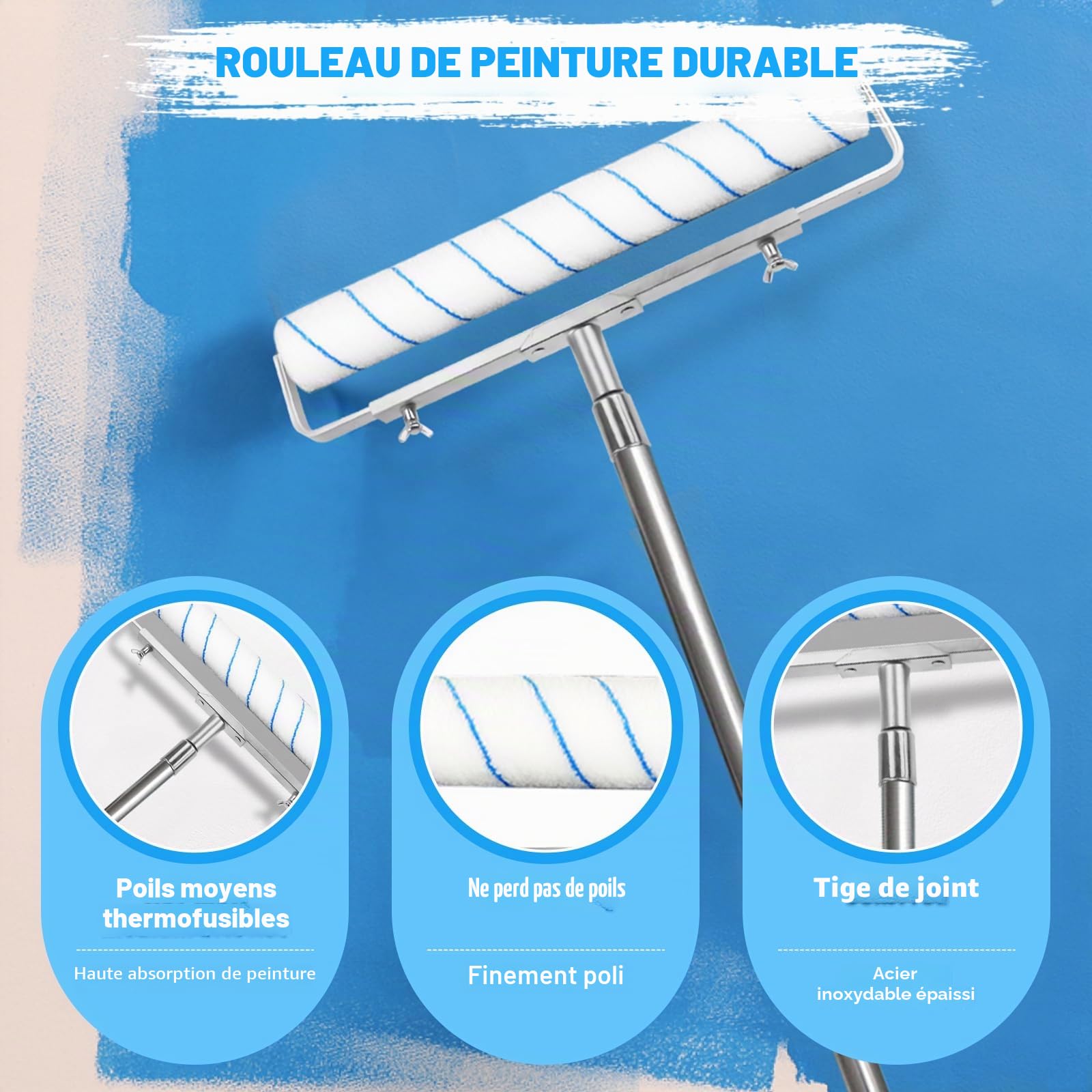 Ensemble de rouleaux de peinture et plateaux avec 2 manchons de rouleau de peinture de 45,7 cm, manche d'extension de rouleau de peinture, ensemble de rouleaux pour peinture, rouleau de peinture long