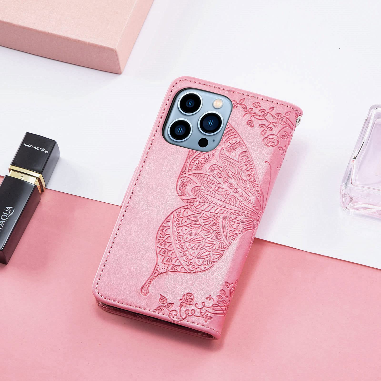Etui na iPhone 14/14 Pro/14 Plus/14 Pro Max, autentyczna skórzana okładka portfelowa z wewnętrzną otoczką TPU, przegródka na karty, smukły pasek ochronny do flipowania, różowy, 14 Plus 6,7''