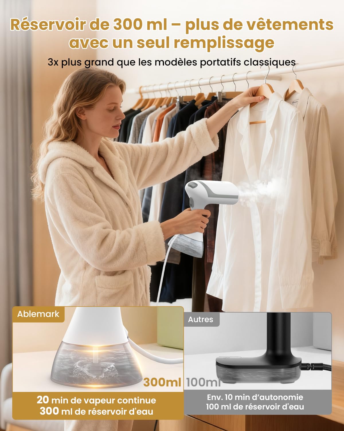Défroisseur Vapeur 1500 W, Défroisseur à Main Chauffe en 15 s avec 25 g/min, Pour Tous Types de Tissus, Portable Maison/Bureau/Voyage, Réservoir 300 ml et Arrêt Auto Sécurisé (blanc)