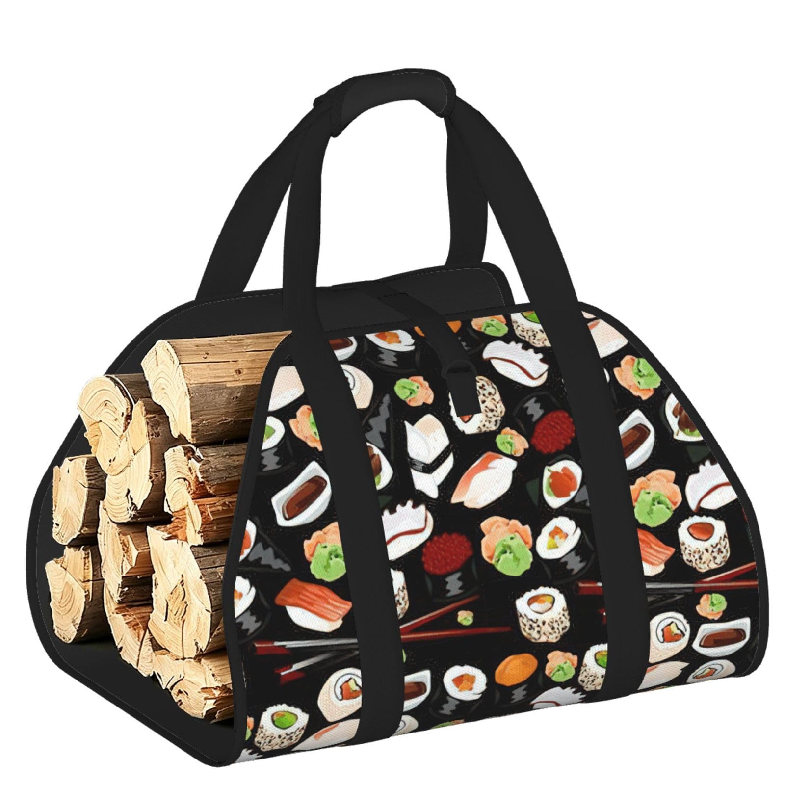 Pphgut Black Japanese Sushi Print Firewood Bag Wood Carrier Transport Sack Camping Picnic Storage Daily Home