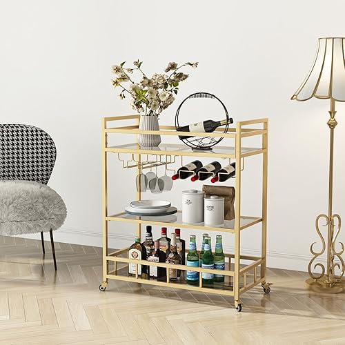 Miniatura 2 de Carrito de bar dorado con almacenamiento de botellas y copa de vino, carrito de bar con ruedas para interiores y exteriores, carrito de bar para