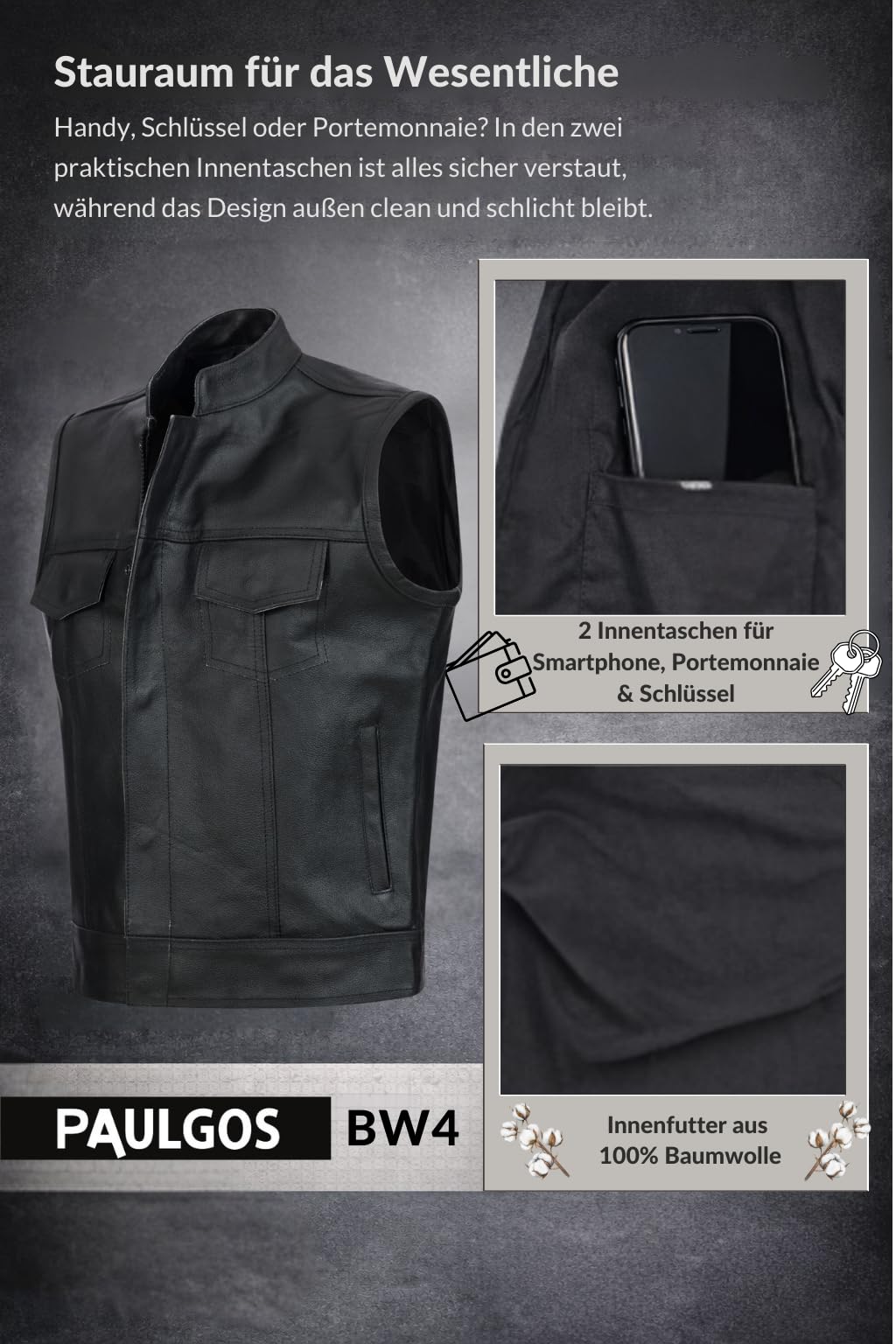 PAULGOS Lederweste Weste Kutte Leder Biker Rocker Motorrad Clubweste Bikerweste Motorradweste Schwarz BW4
