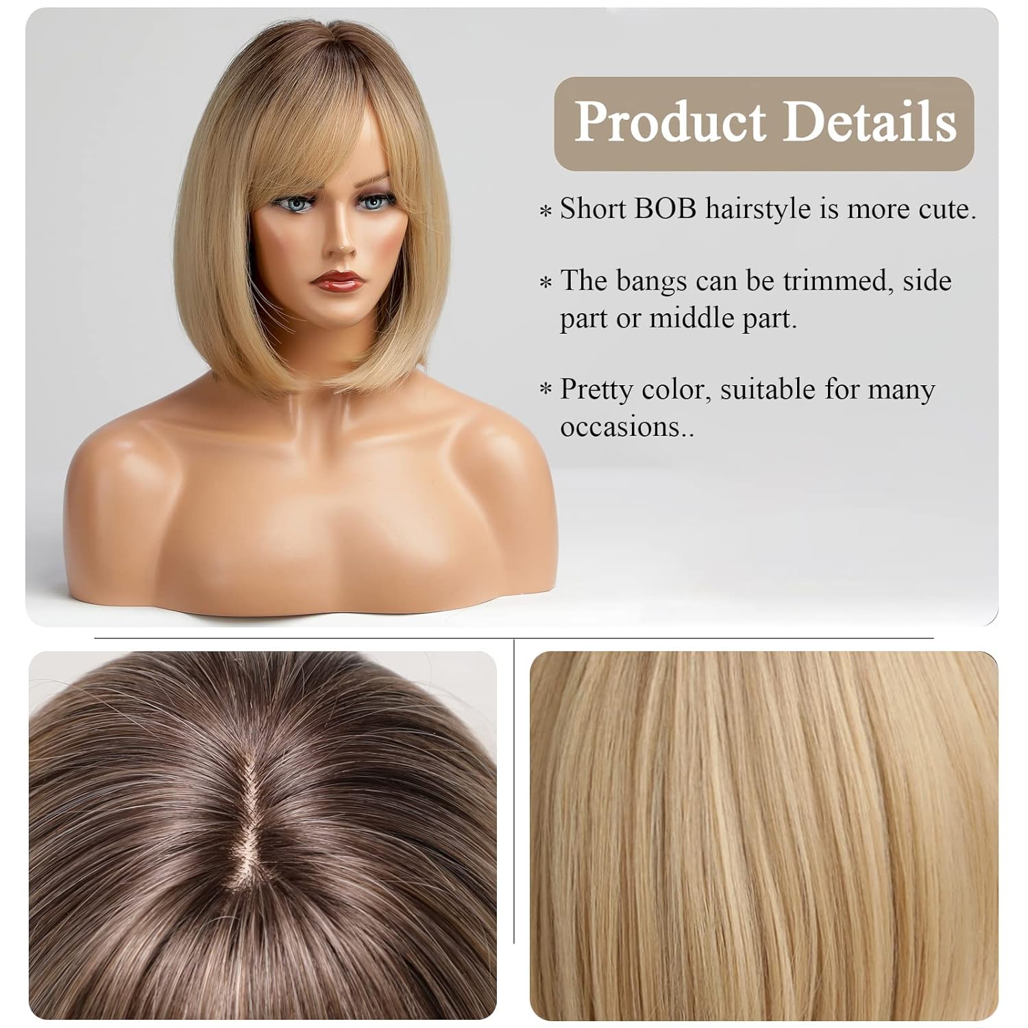 HAIRCUBE Blonde Bob Wig with Bangs Short Bob Wigs for Women Short Blonde Wig with Dark Roots Heat Resistant Synthetic Wig Natural Looking for Daily Use - Image 4