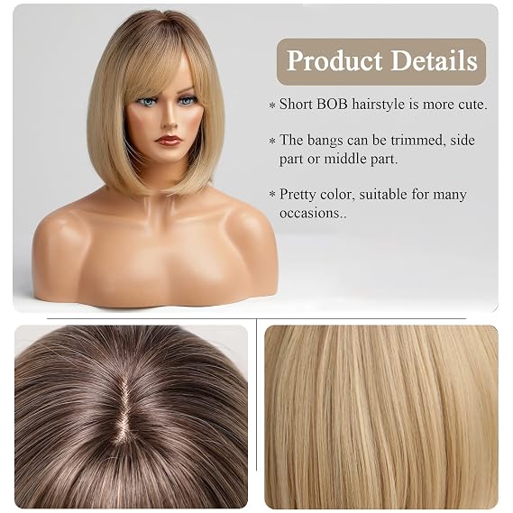 HAIRCUBE Blonde Bob Wig with Bangs Short Bob Wigs for Women Short Blonde Wig with Dark Roots Heat Resistant Synthetic Wig Natural Looking for Daily Use