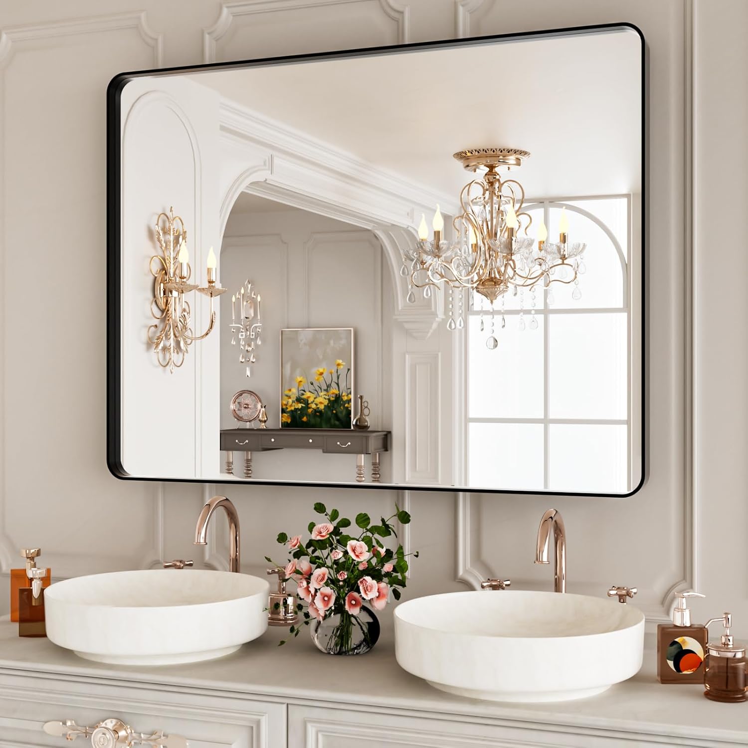 40x30 Inch Black Metal Framed Bathrrom Mirror for Wall,Matte Black Rectabgle Vanity Mirror,Tempered Glass,Anti-Rust,Rounded Corner,Horizontal or Vertical Black-round Corner 40"L x 30"W