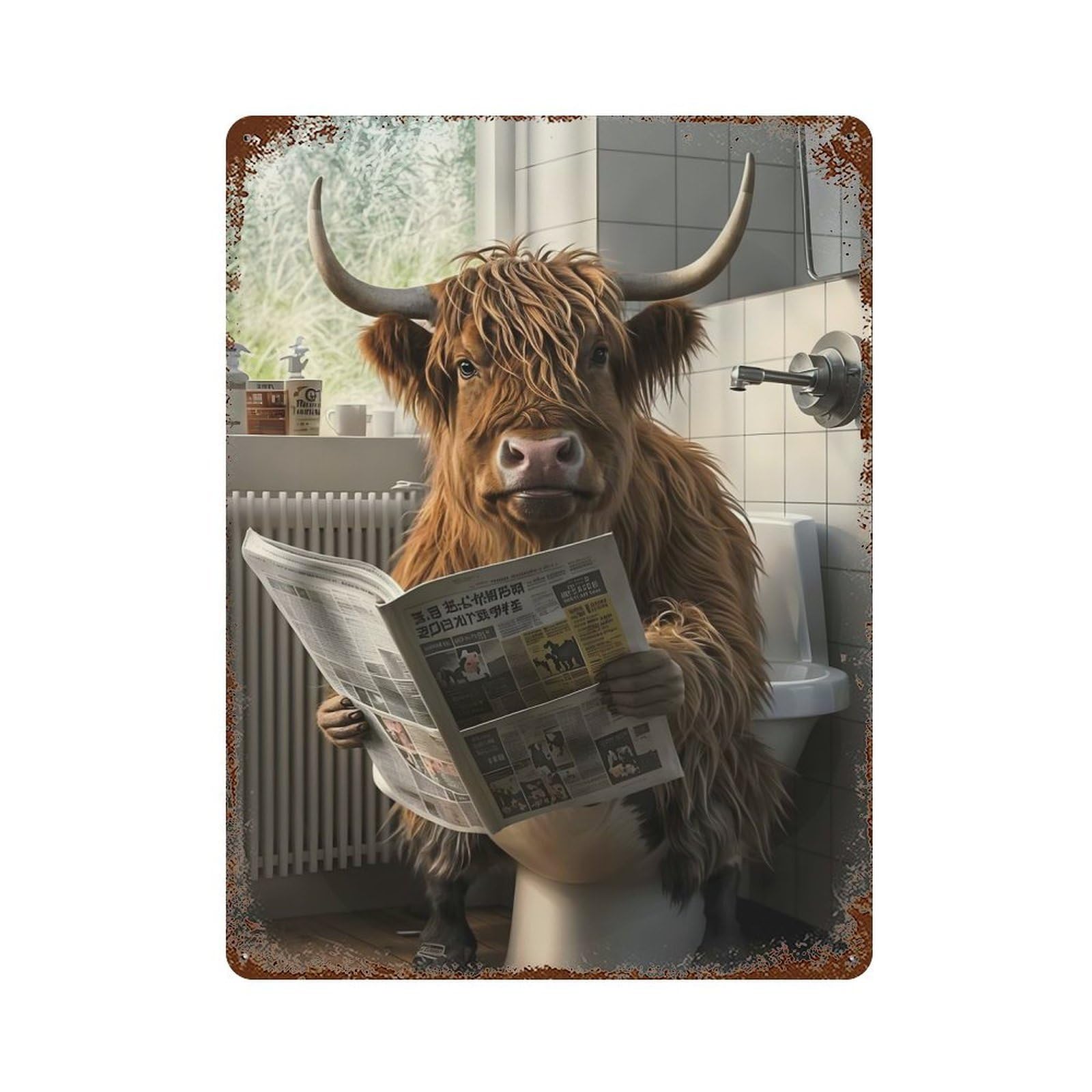 Weathered Tin Sign with Highland Cow on The Toilet Design 15.7"x11.8", for Office, Studio And Wall Decor, Retro Wall Decor