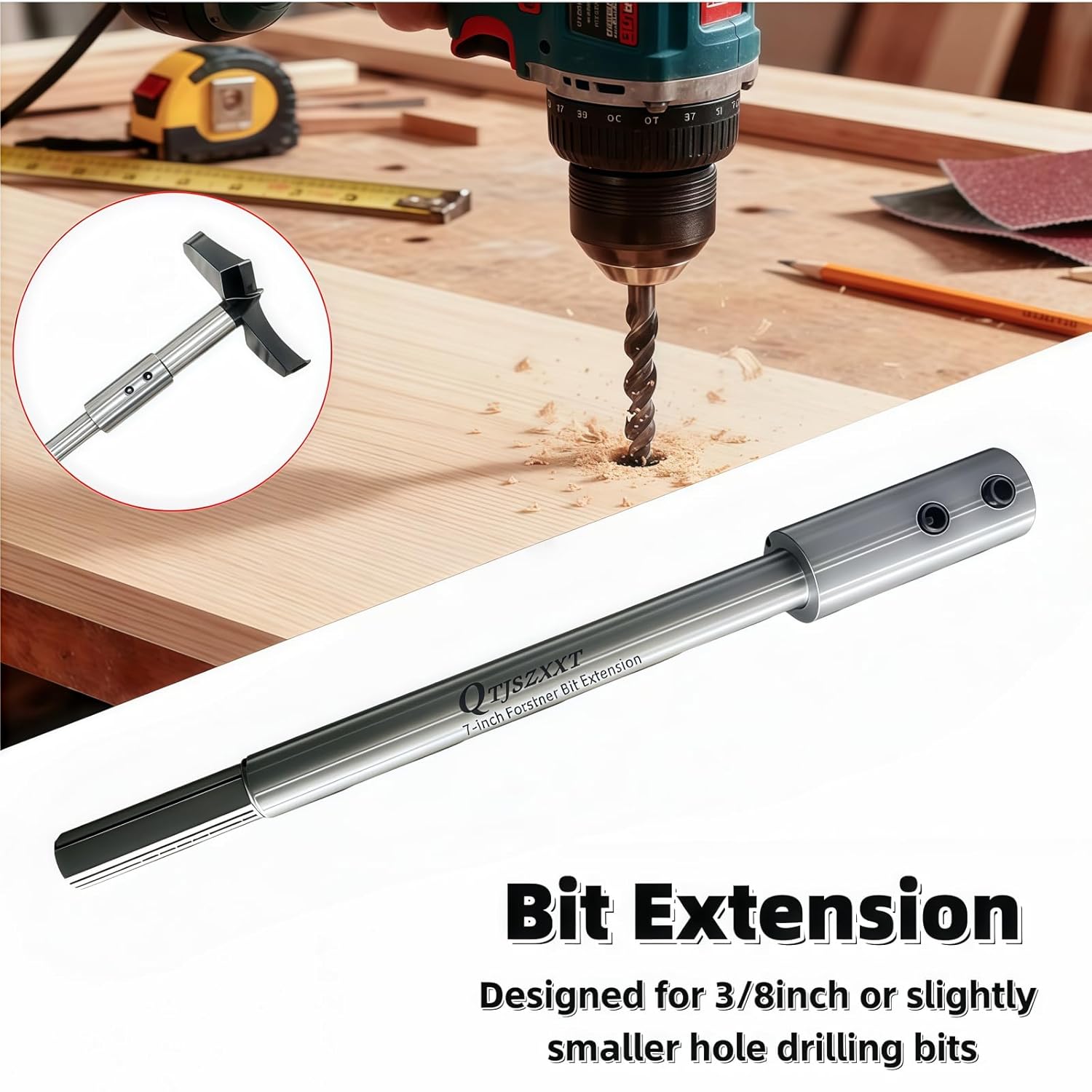 1PCS Forstner Drill bit Extension Kits, 7" Long Forstner Drill bit Extensions, Suitable for 3/8 "Circular or Hexagonal Axes, Suitable for Processing Wooden Furniture, Wood, etc. (Large Size)
