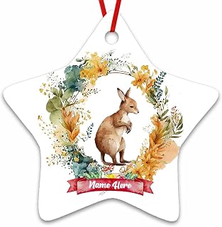 Dinoz Watercolor Merry Christmas Kangaroo Animal Ornament, Floral Animal Ornament Custom Names Printed Both Sides Keepsake Gifts Star Ceramic Ornament Decorations House