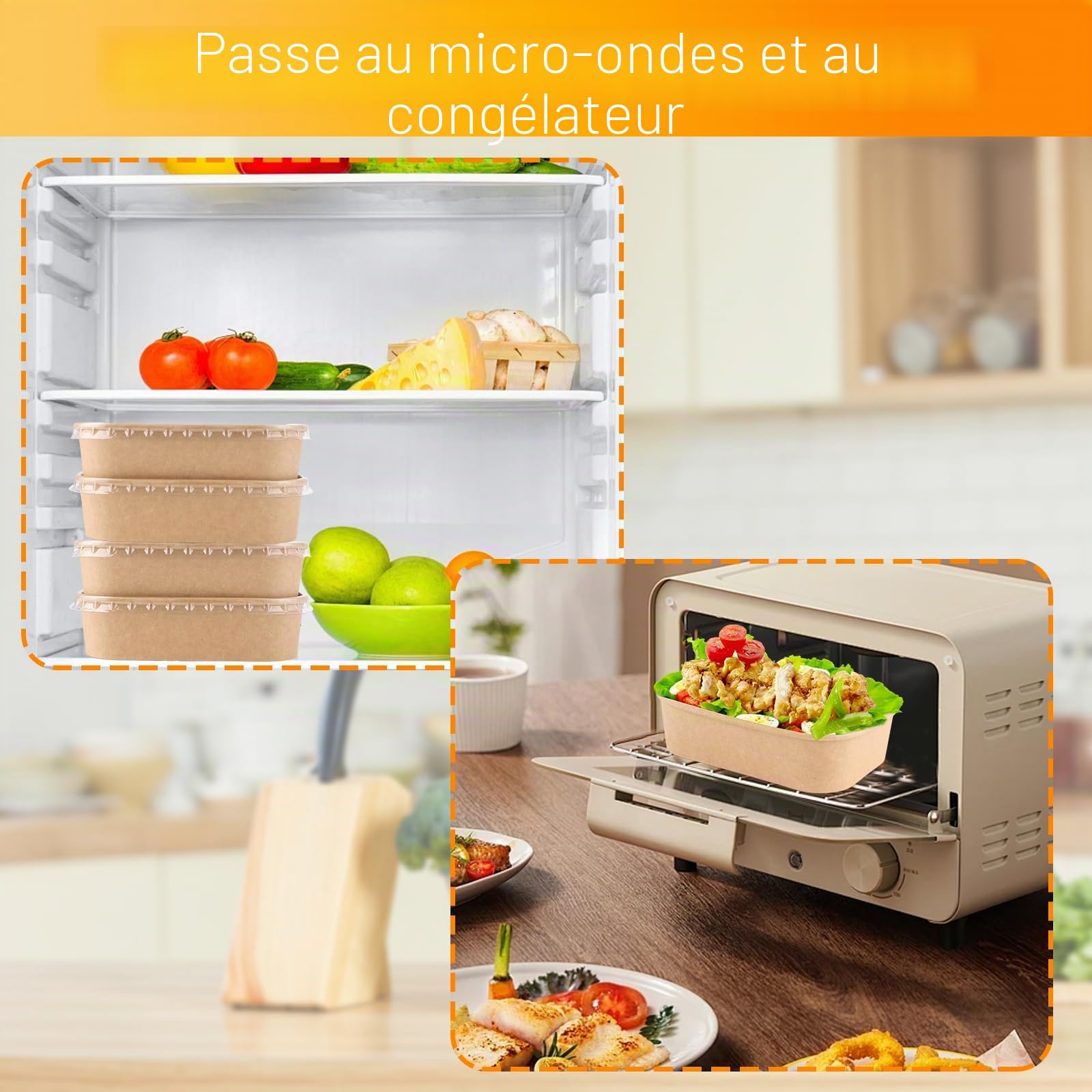 50 Pièces Boîte à Emporter Alimentaire 500ml, Boîte Kraft avec Couvercle PET Transparent, Boîte Hermétique Jetable pour Salade, Sushi et Plats Chauds, 171x120x43mm