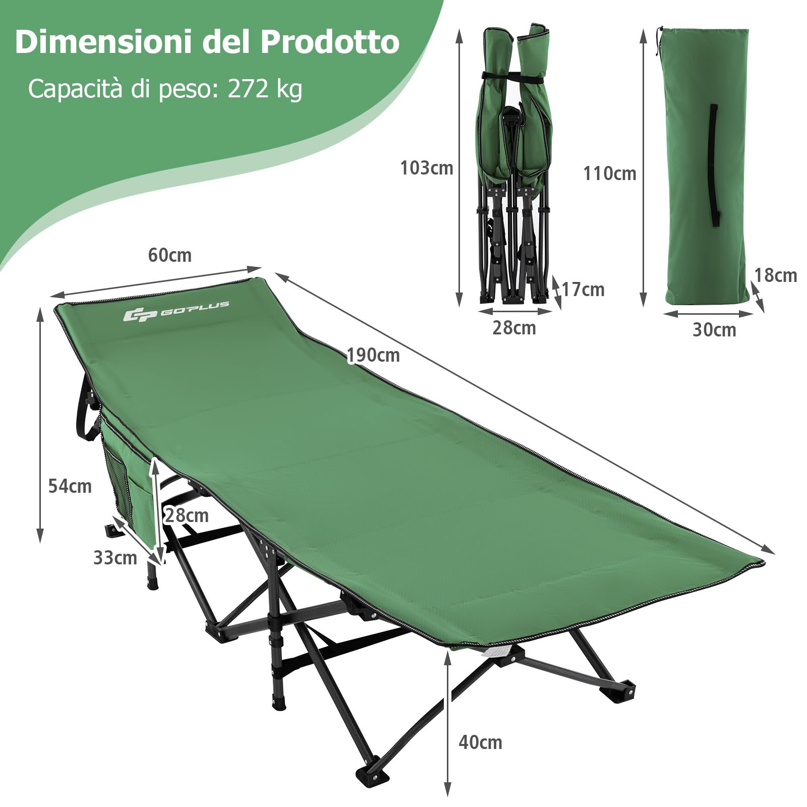 GYMAX Lettino da Campeggio Pieghevole Pesante con Poggiatesta Inclinato Tasca Laterale Borsa di Trasporto Supporta 272kg, Lettino Portatile per Escursioni, Pisolini a Lavoro