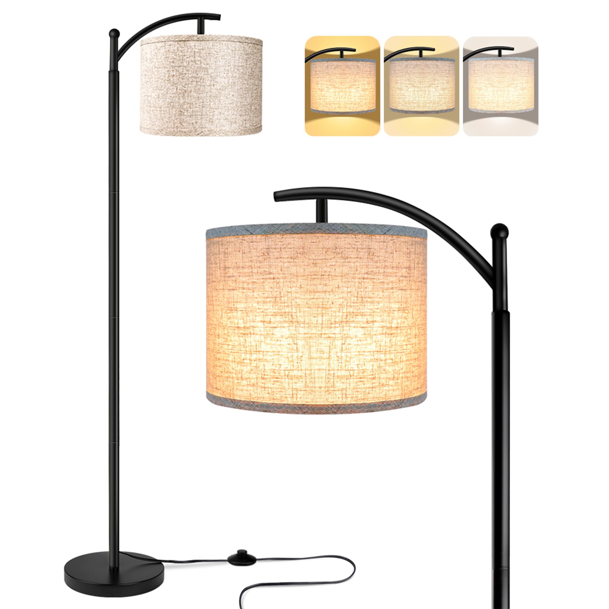 ROTTOGOON Stehlampe für Wohnzimmer mit 3 Farbtemperaturen LED Glühbirne Stehlampen Hoch Industrielle Stehlampe Lesen für Schlafzimmer Büro (9W LED-Glühbirne Beige Lampenschirm enthalten) Schwarz
