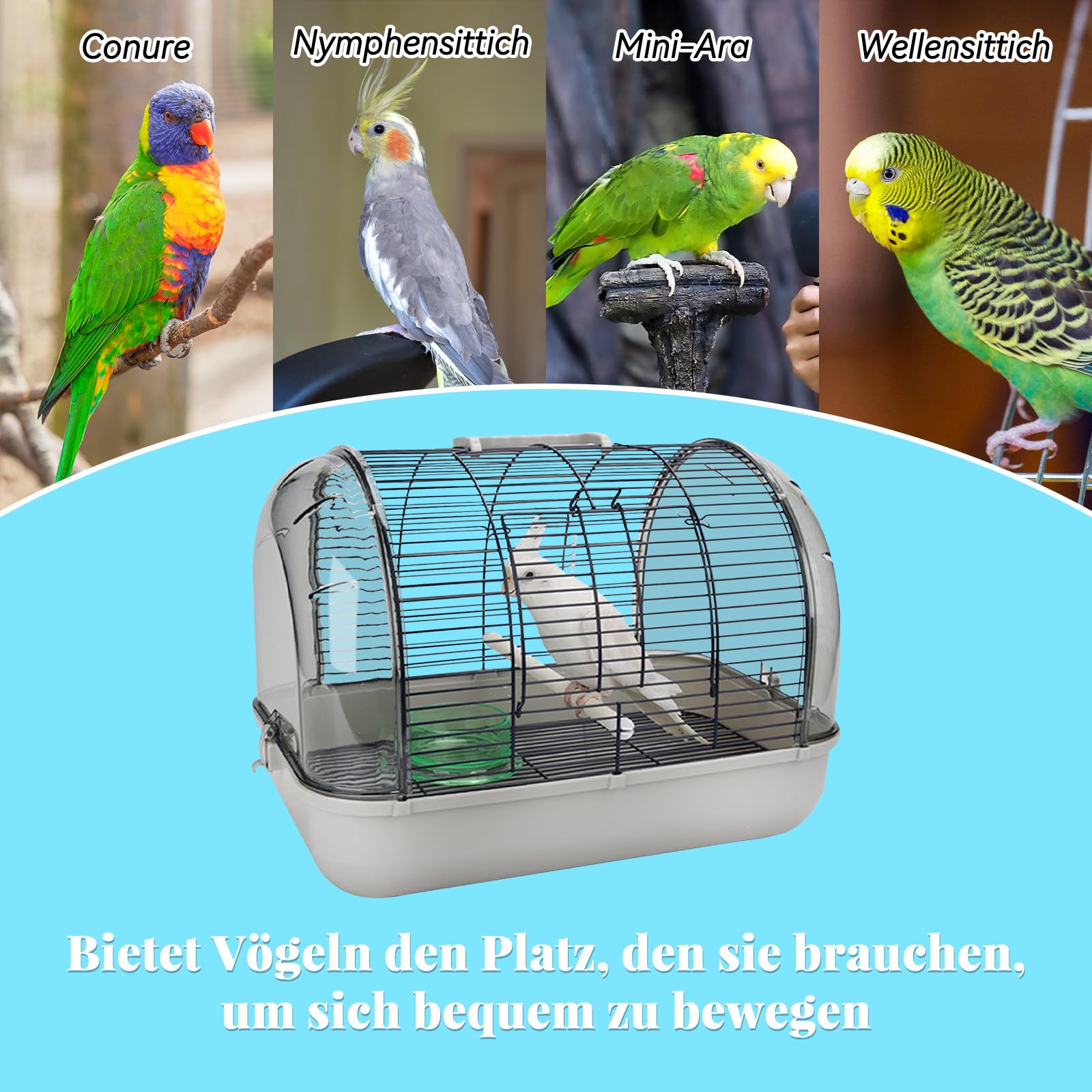 Colcolo Leichter Vogelträger-Transportkäfig mit Ständer, Leichter Vogelkäfig, Villa, Vogelkäfig für Papageien, kleine Vögel, Wellensittiche, Grau