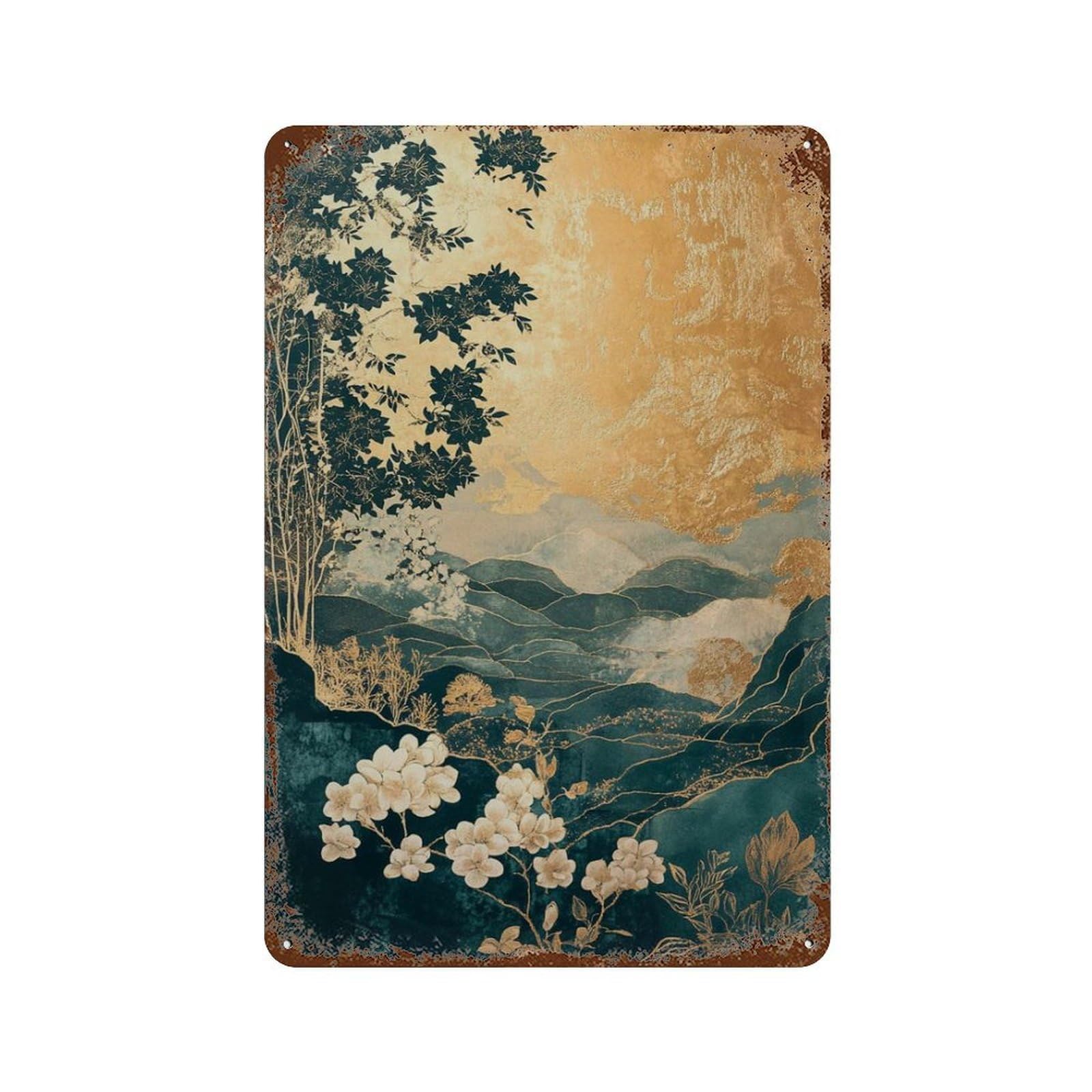 xiaoxiaoshen Golden Oriental Landscape Japanese Wall Decor Art Metal Tin Poster Modern Home Decor Art Home Bar Shop Decorations Vintage Sign 30x20cm