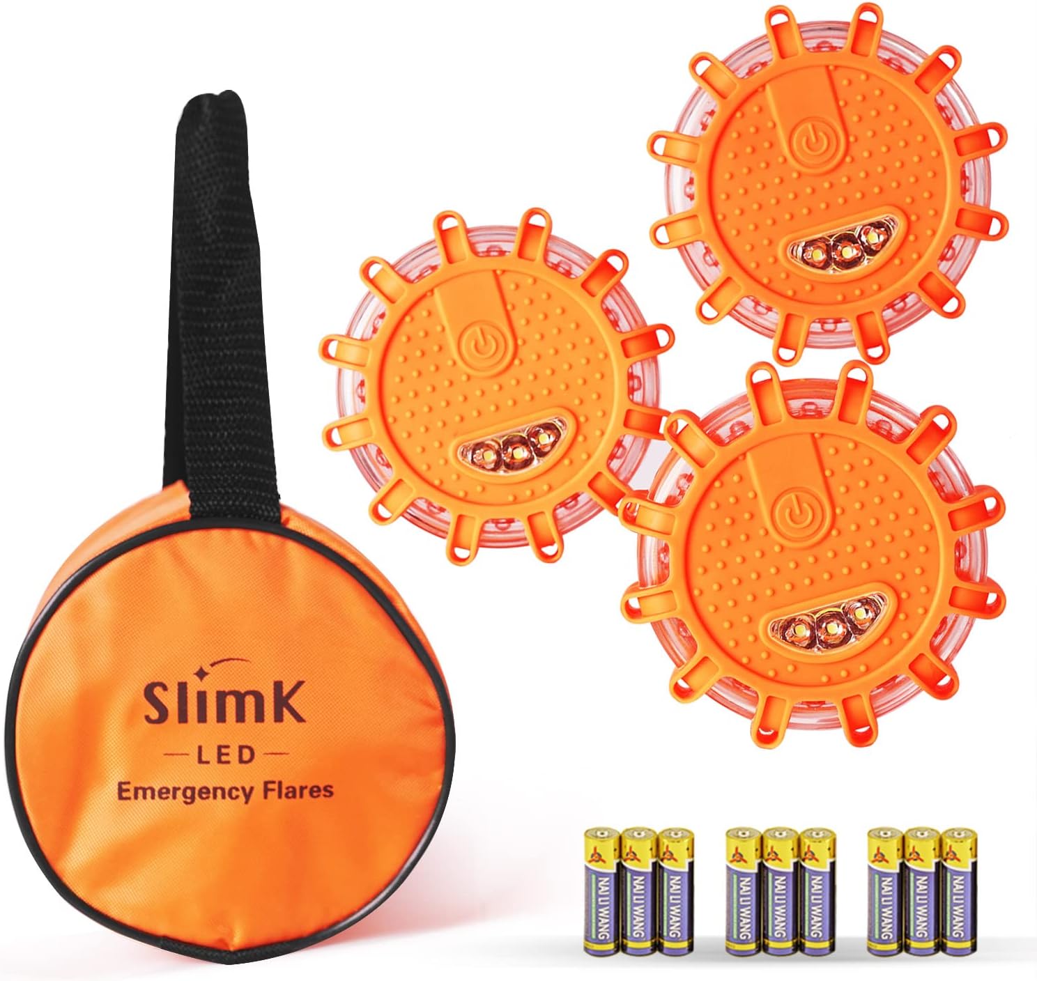 SlimK LED Road Flares Safety Flashing Warning Light Roadside Flare Emergency Discs Beacon, Magnetic Base for Car Motorcycle Bicycle, 3 Pack