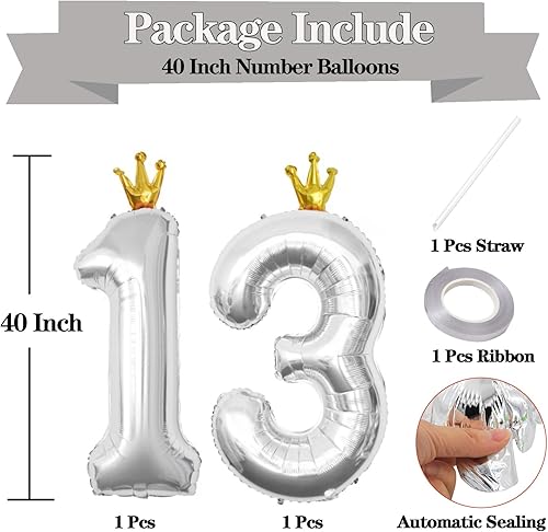 Miniatura 2 de Globos plateados de 40 pulgadas con corona de números 13, globos grandes de Mylar de aluminio de número 13 para decoraciones de fiesta de cumpleaños