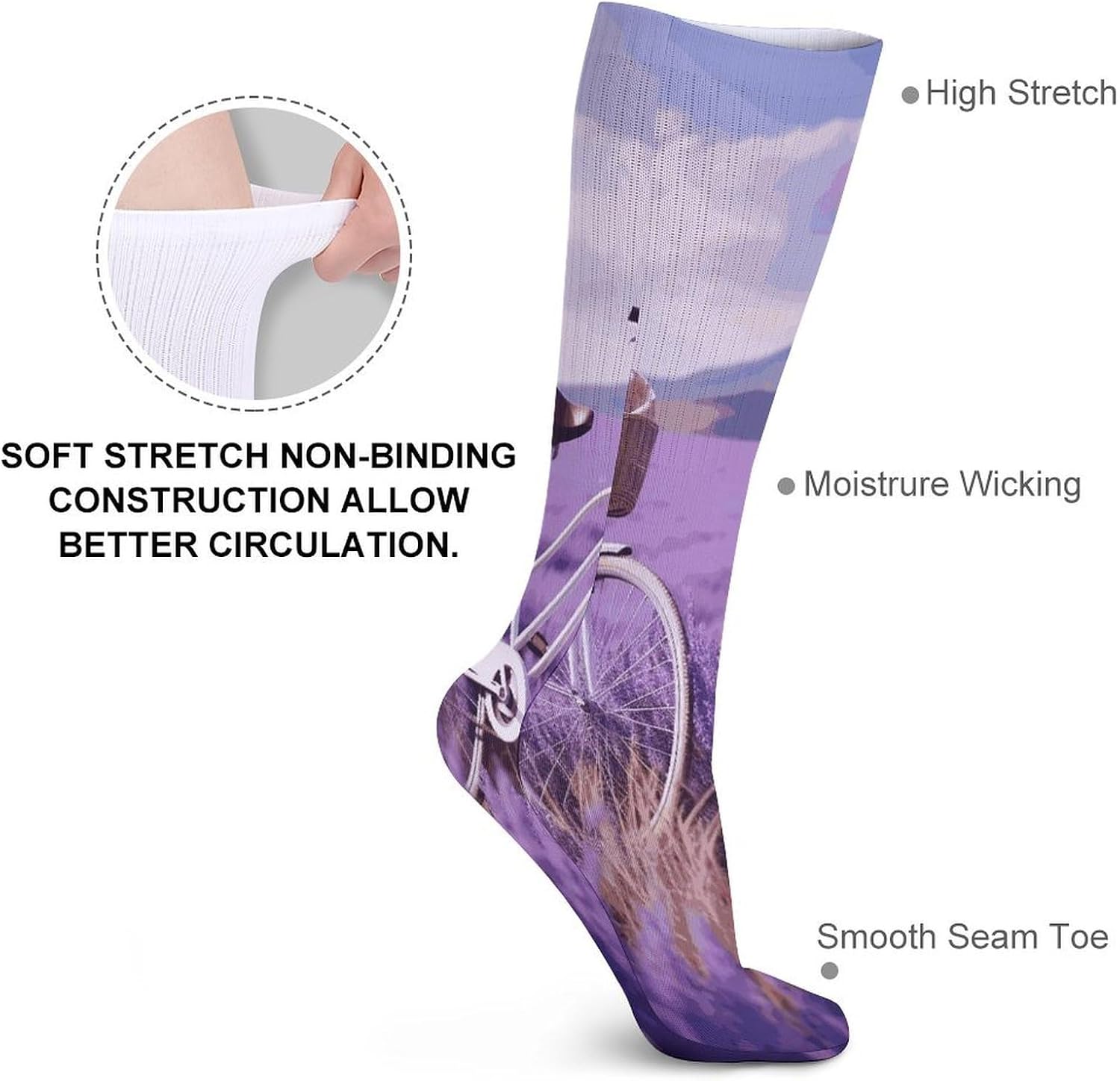 Lavender Field Bike Crew Socks Cozy Casual Calf Socks Lightweight Long Work Sock Breathable Athletic Sock for Hiking Sports Running 5 Pairs