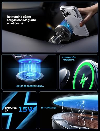 Miniatura 3 de LISEN Cargador MagSafe de 15 W, cargador de coche inalámbrico magnético para iPhone 17 Pro Max, soporte magnético para teléfono para iPhone 17-12,