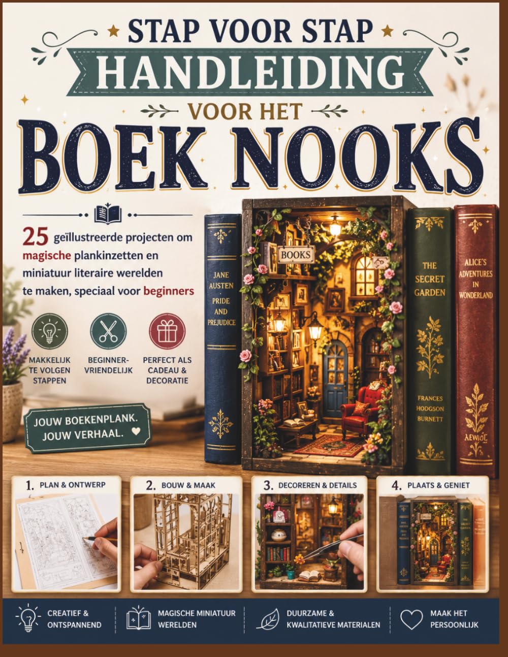 STAP VOOR STAP HANDLEIDING VOOR HET BOEK NOOKS: 25 geïllustreerde projecten om magische plankinzetten en miniatuur literaire werelden te maken, speciaal voor beginners
