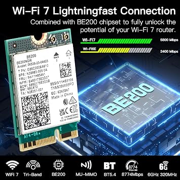 BE200NGW WiFi 7 Wireless Card for PC Gaming, M.2 Key E NGFF Tri-Band BT 5.4