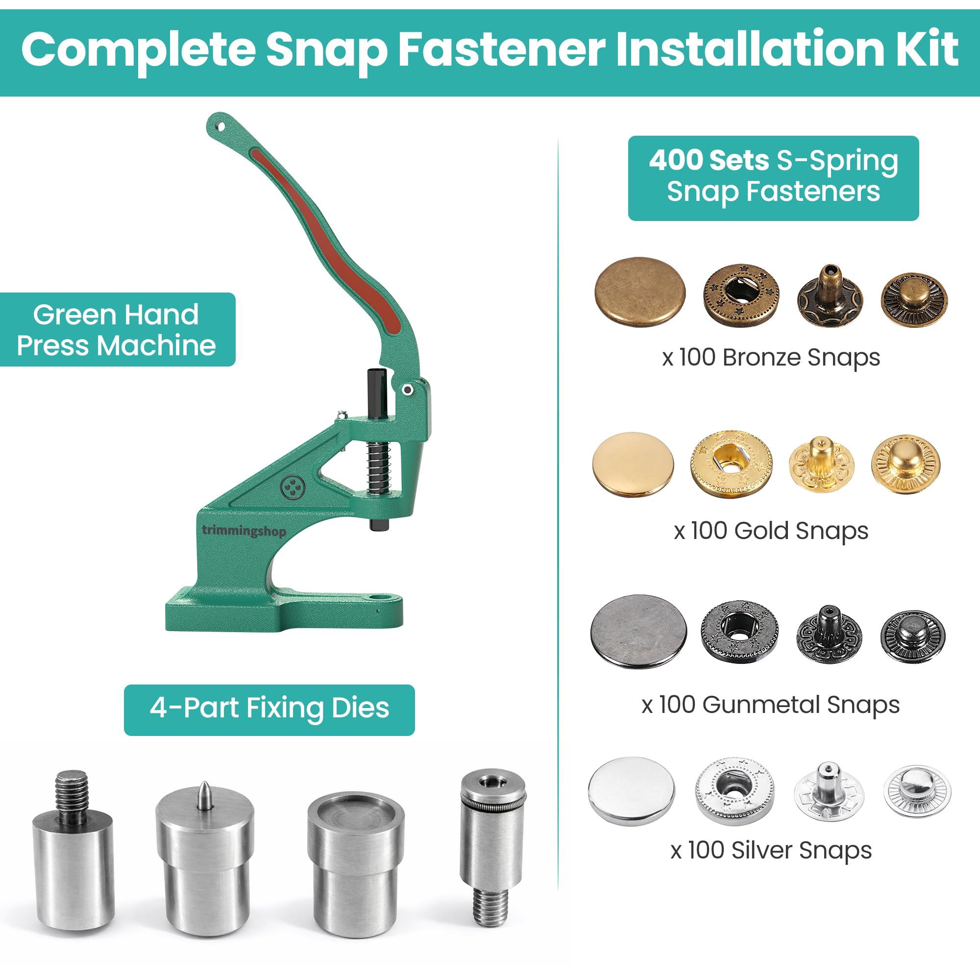 Trimming Shop Juego de 400 botones de presión de resorte S de 15 mm, botones de metal sin coser con troqueles de fijación y prensa manual de máquina verde para manualidades, bolsos, cinturones,