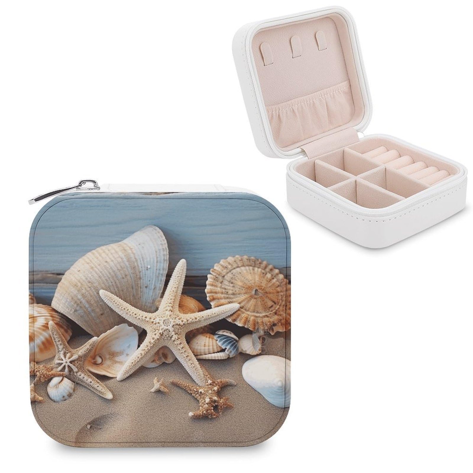 FekiLoot Seashells Starfish Sand Jewelry Case Personalized Leather Jewelry Box Mini Travel Jewelry Case Small Portable Jewelry Organizer for Ring Earrings Necklace Bracelet