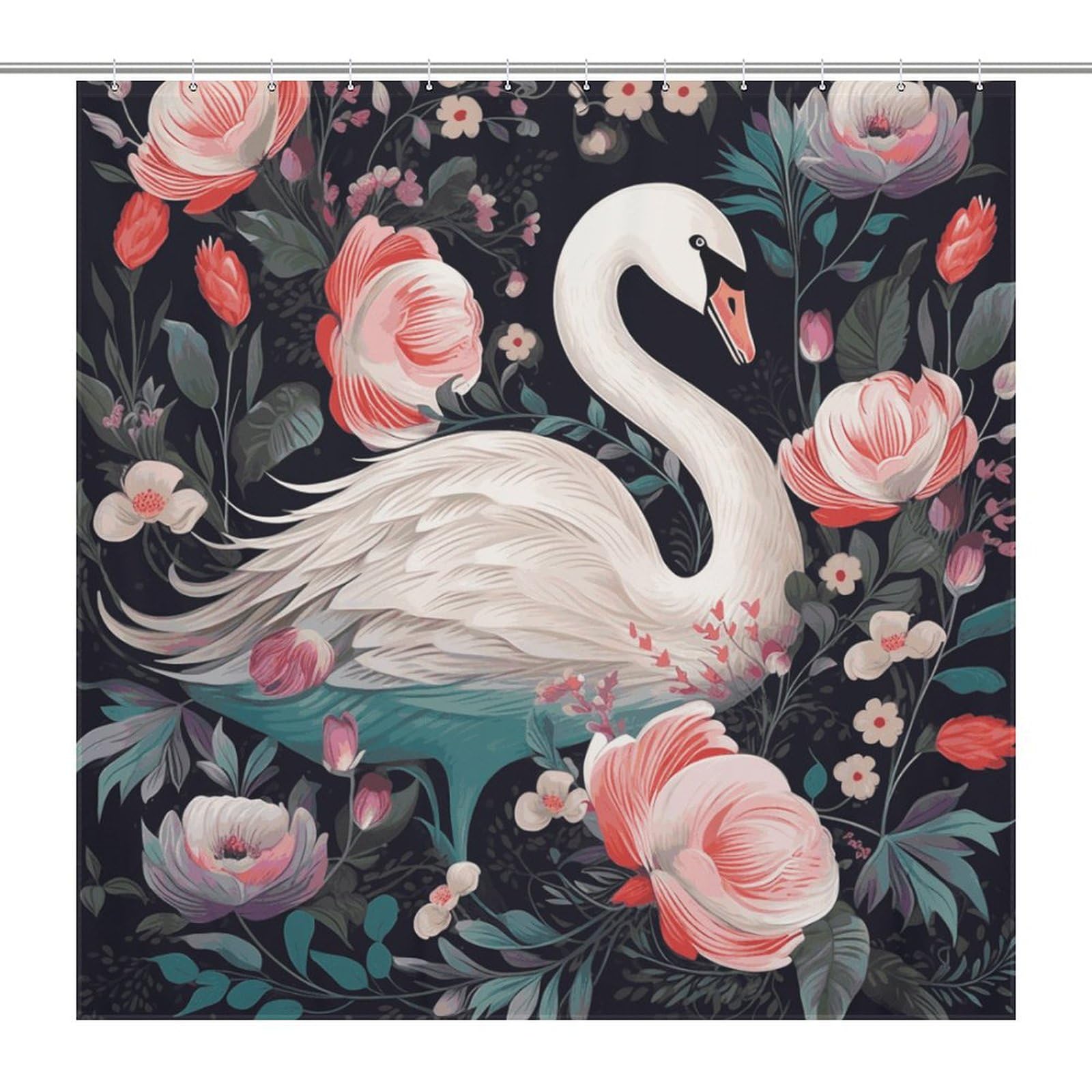 Rideau de douche de 183 x 183 cm cygne floral, textile haut de gamme imperméable et résistant