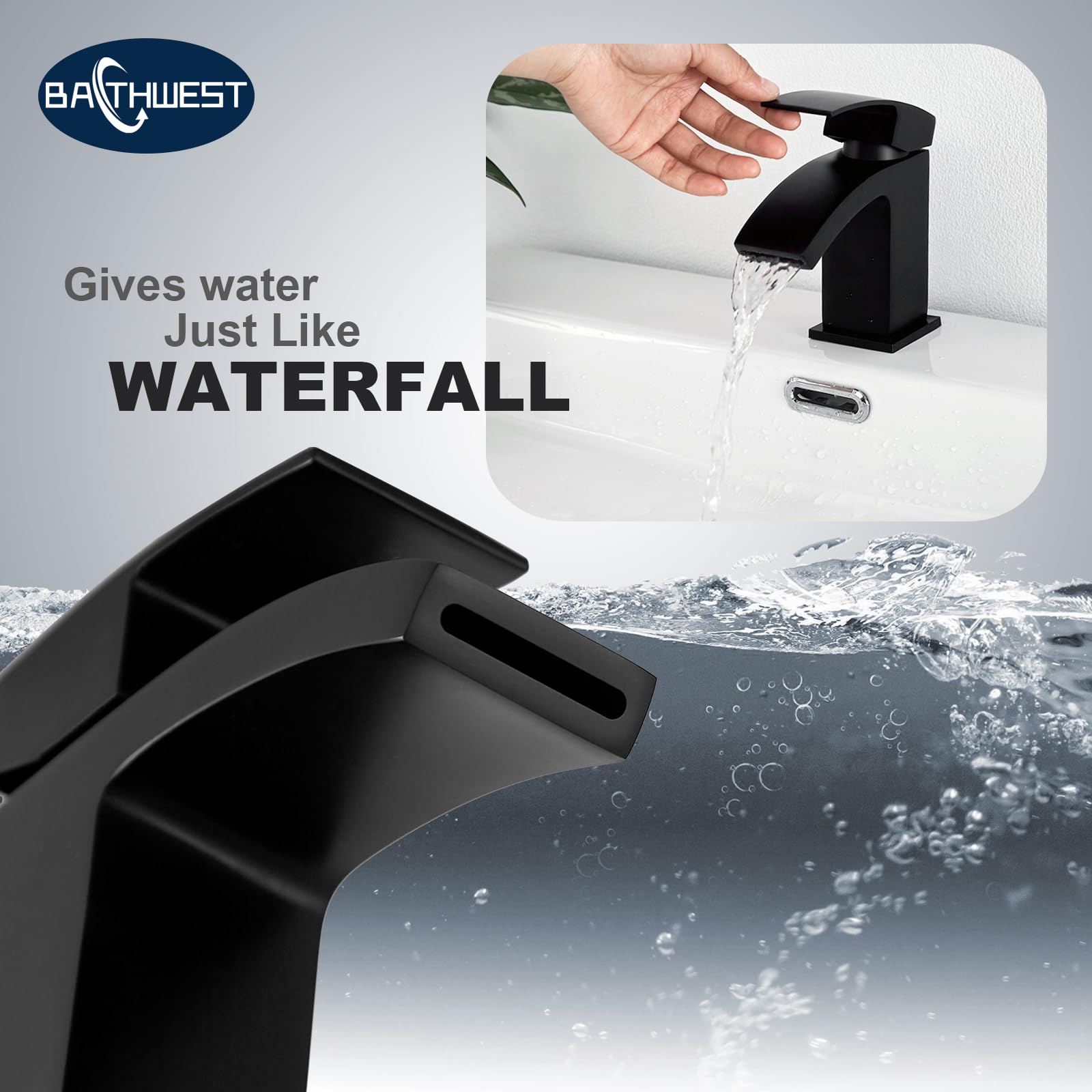 Waterfall Bathroom Sink Taps with Drain, BATHWEST Matte Black Square Basin Taps with Pop Up Waste - Image 4