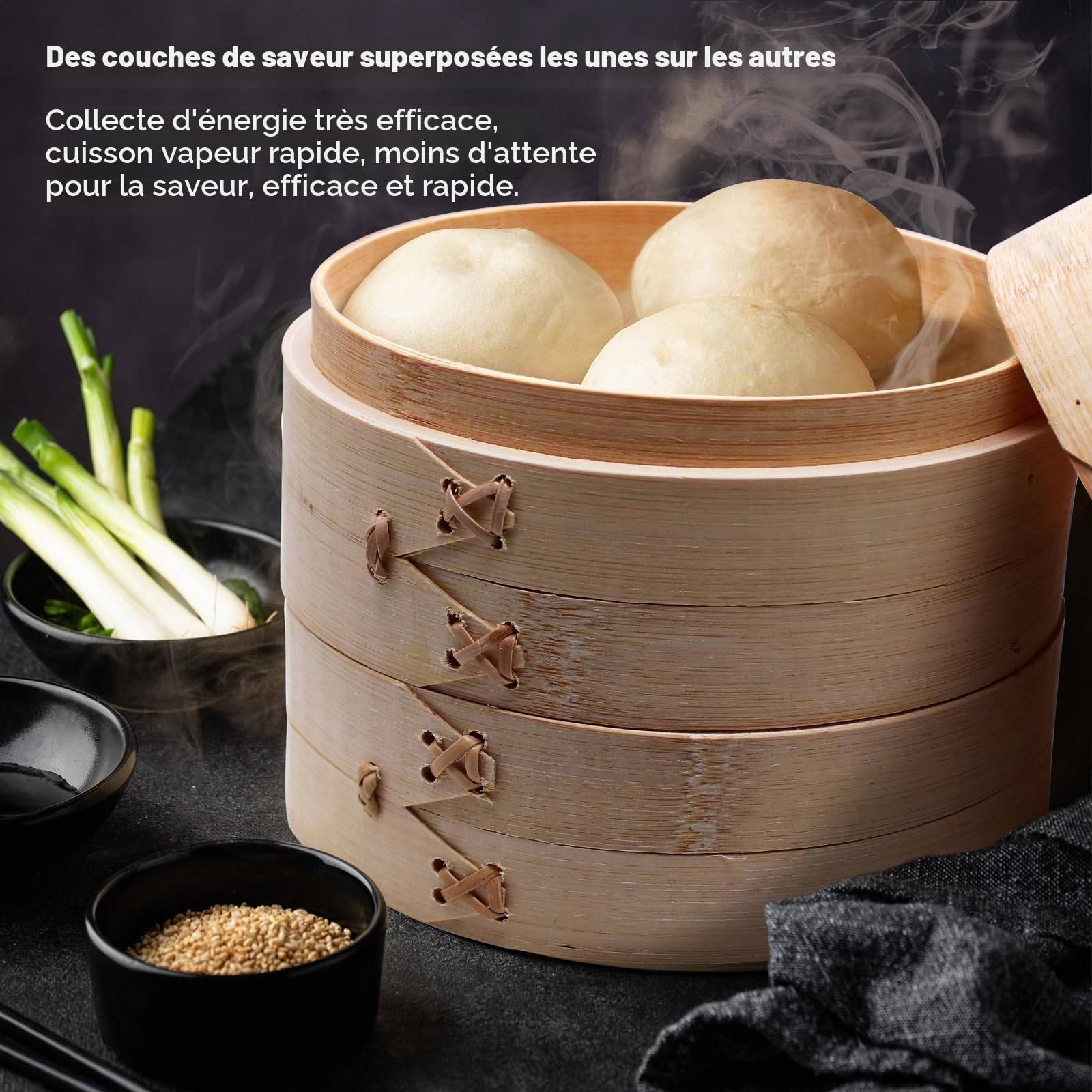 Cuiseur Vapeur en Bambou - 2 Étages Avec Couvercle - 15 cm - Panier Avec 2 Tapis de Cuisson en Silicone - Pour Boulettes, Riz, Dim Sum, Légumes, Viande (S)