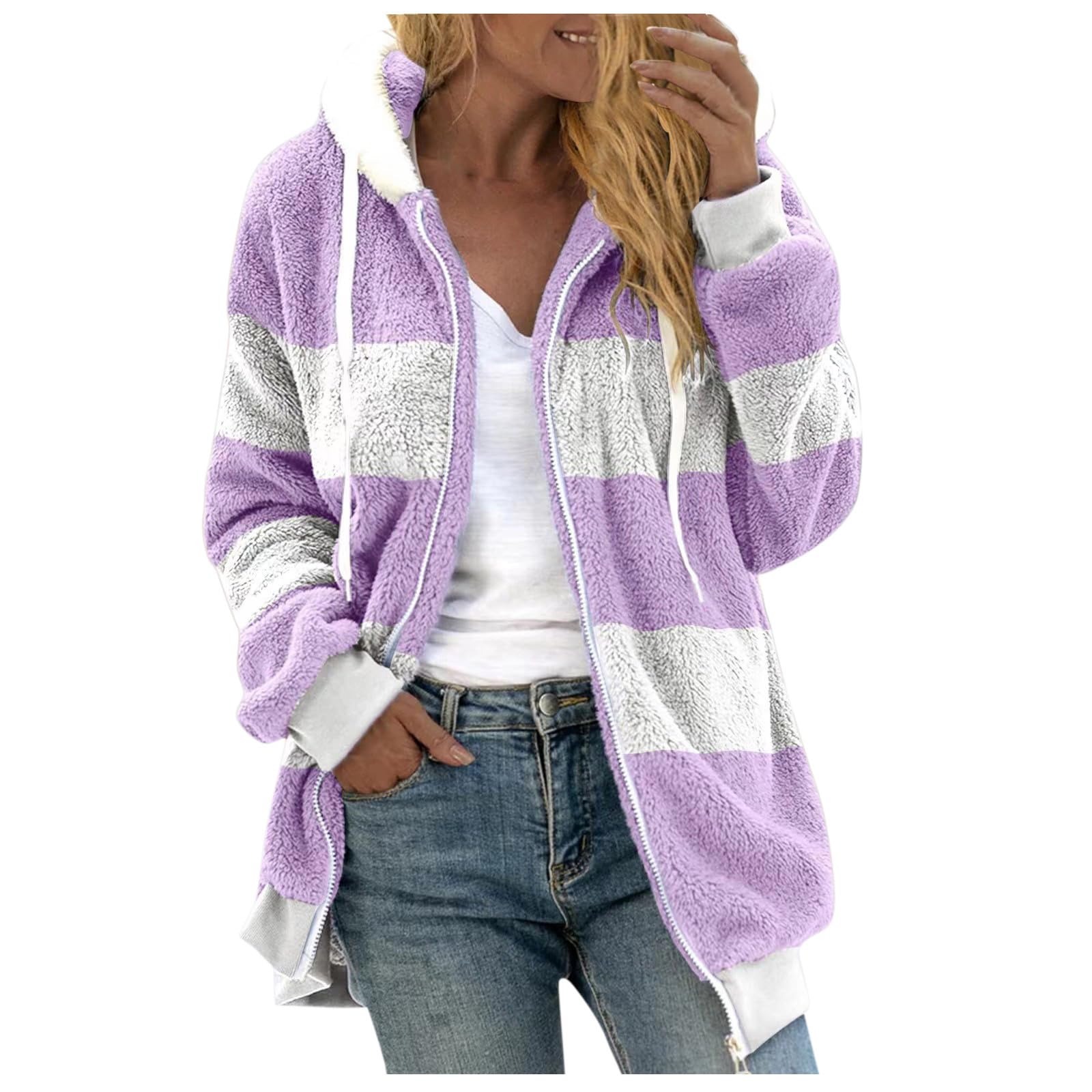 Ceboyel Teddy Coat For Women Hooded Fuzzy Sherpa Jacket Fleece Drawstring Zip Up Hoodie 2023 Trendy Winter Outerwear Clothes, J011-purple, 5XL