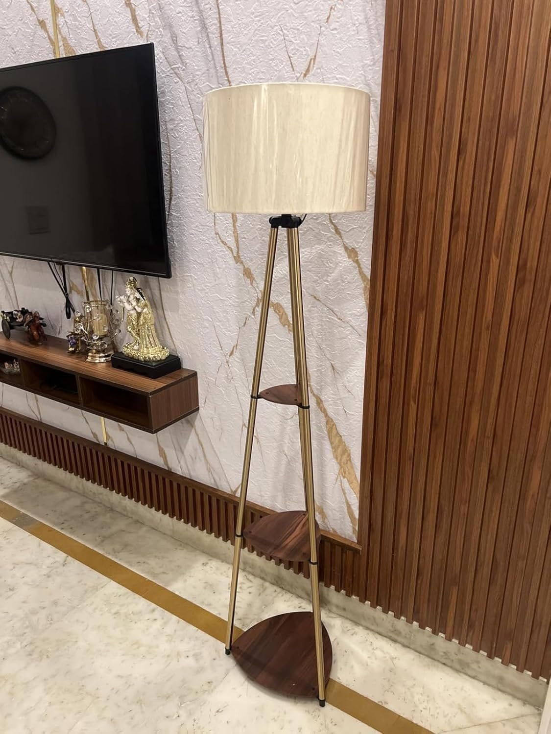 Modern Tripod Floor Lamp with Fabric Lampshade, 3-Tier Wooden Display Shelves, Metal Frame, E27 Holder, Decorative Standing Lamp for Living Room, Bedroom, Office & Home Décor-picture-14