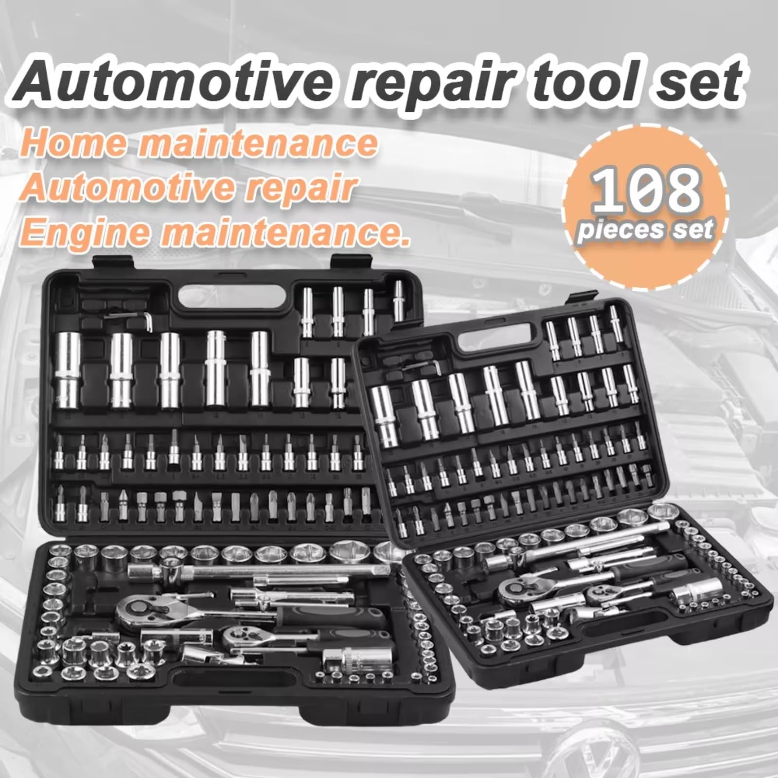 Maletín herramientas multiusos Juego Llaves Tubo Trinquete Juego Herramientas Reparación Automóviles Kit Combinado Dinamométrica Trinquete Puntas Destornillador Herramienta Mano 108 Uds.
