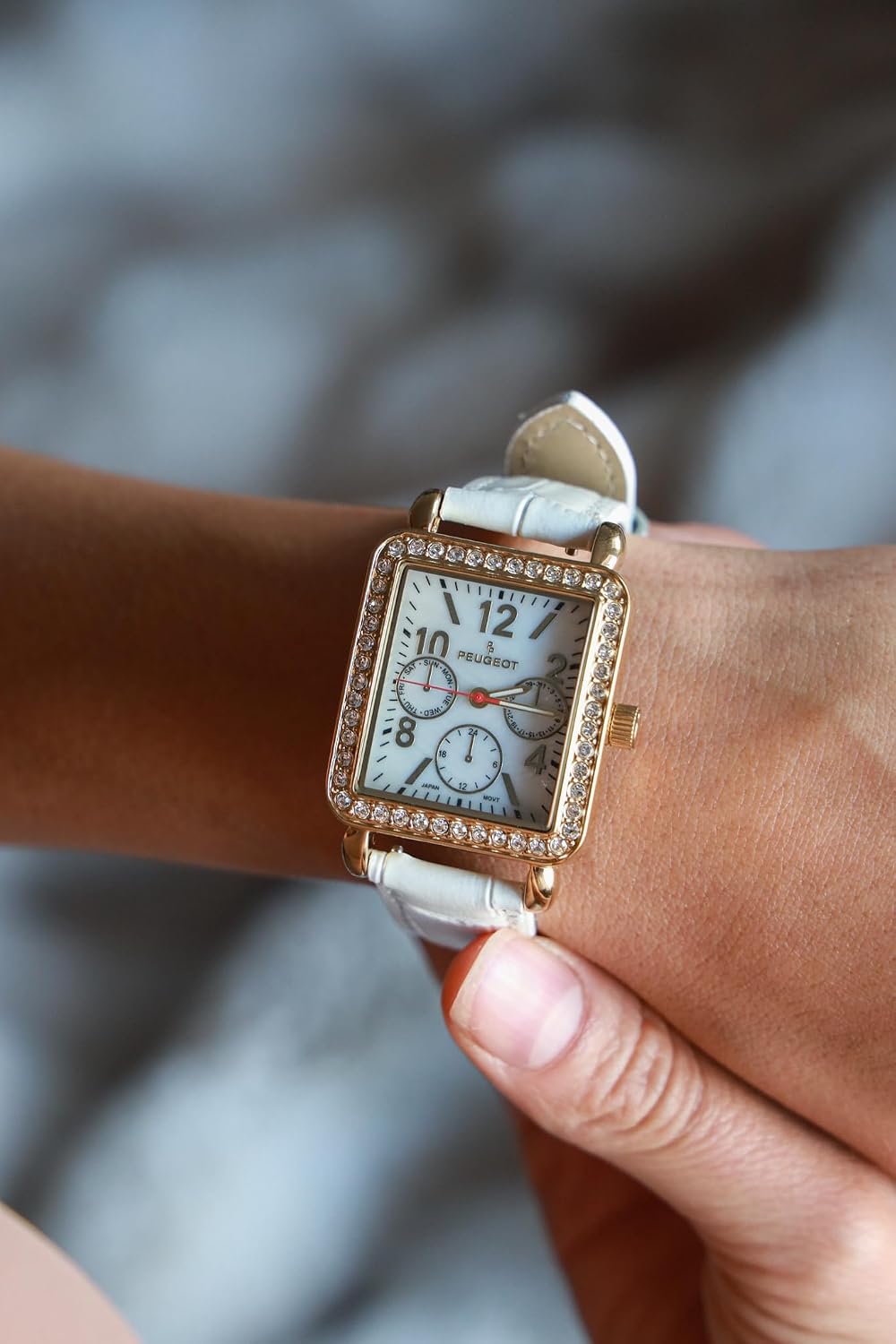 PEUGEOT Women Fashion 14K Gold Plated Tank Shape Dress Watch with Crystal Bezel