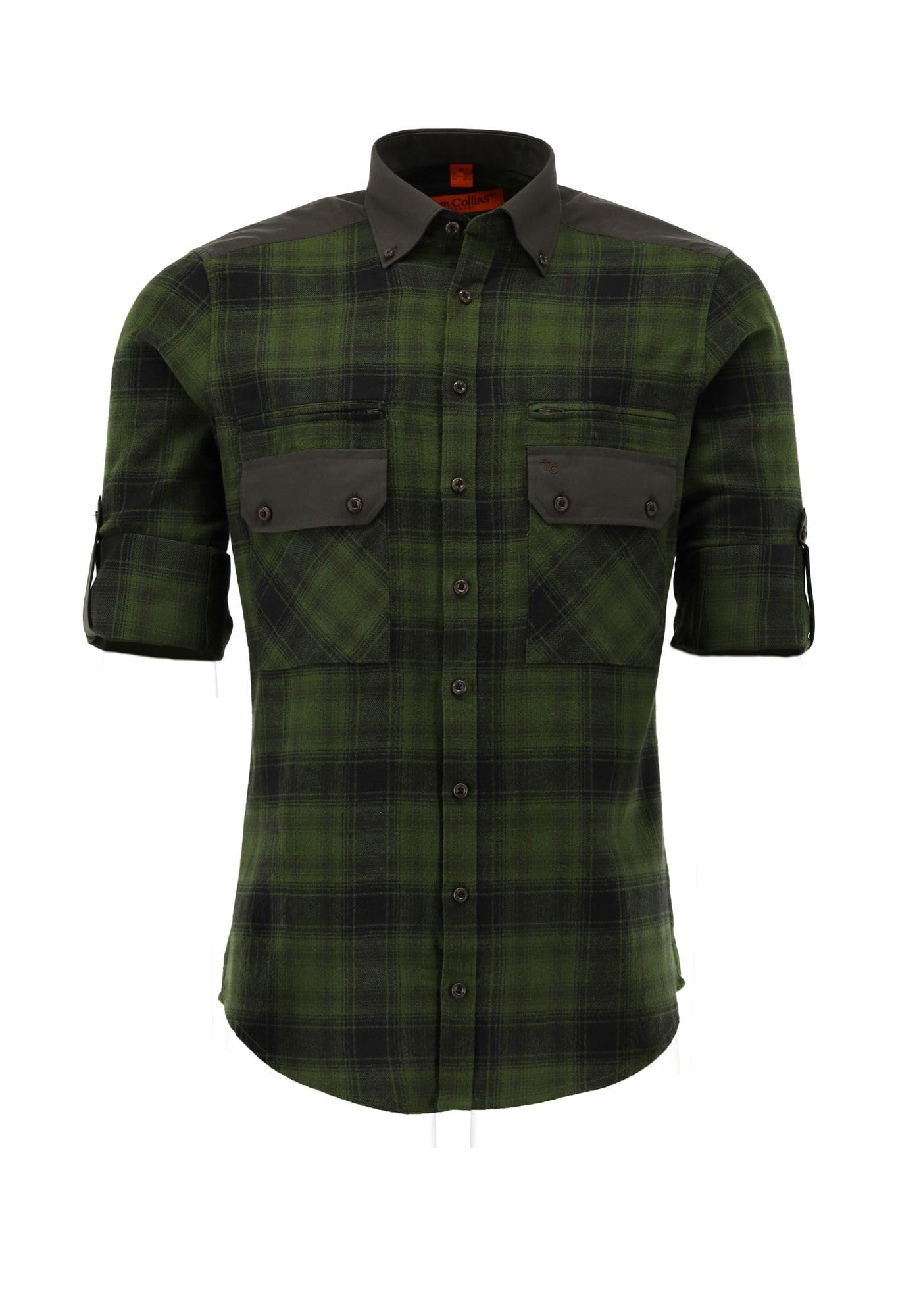 TOM COLLINS Jagdhemd Langarm Oliv 39/40 - Haifisch-Button-Down-Kragen, Slim Fit