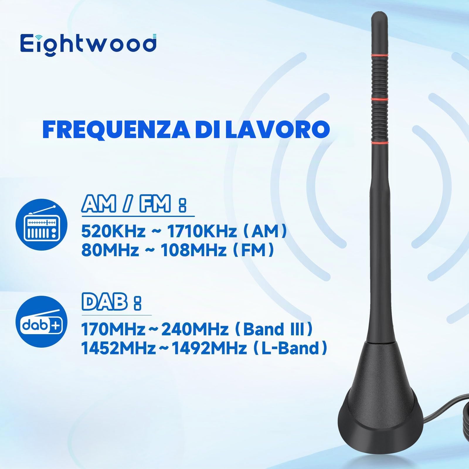 Eightwood Antenna Autoradio Attiva DAB+ FM con Amplificatore Cavo 5m | Antenna auto, connettori SMB, DIN e adattatore SMA, Compatibile gruppo VAG (VW, Audi, Skoda, Seat)