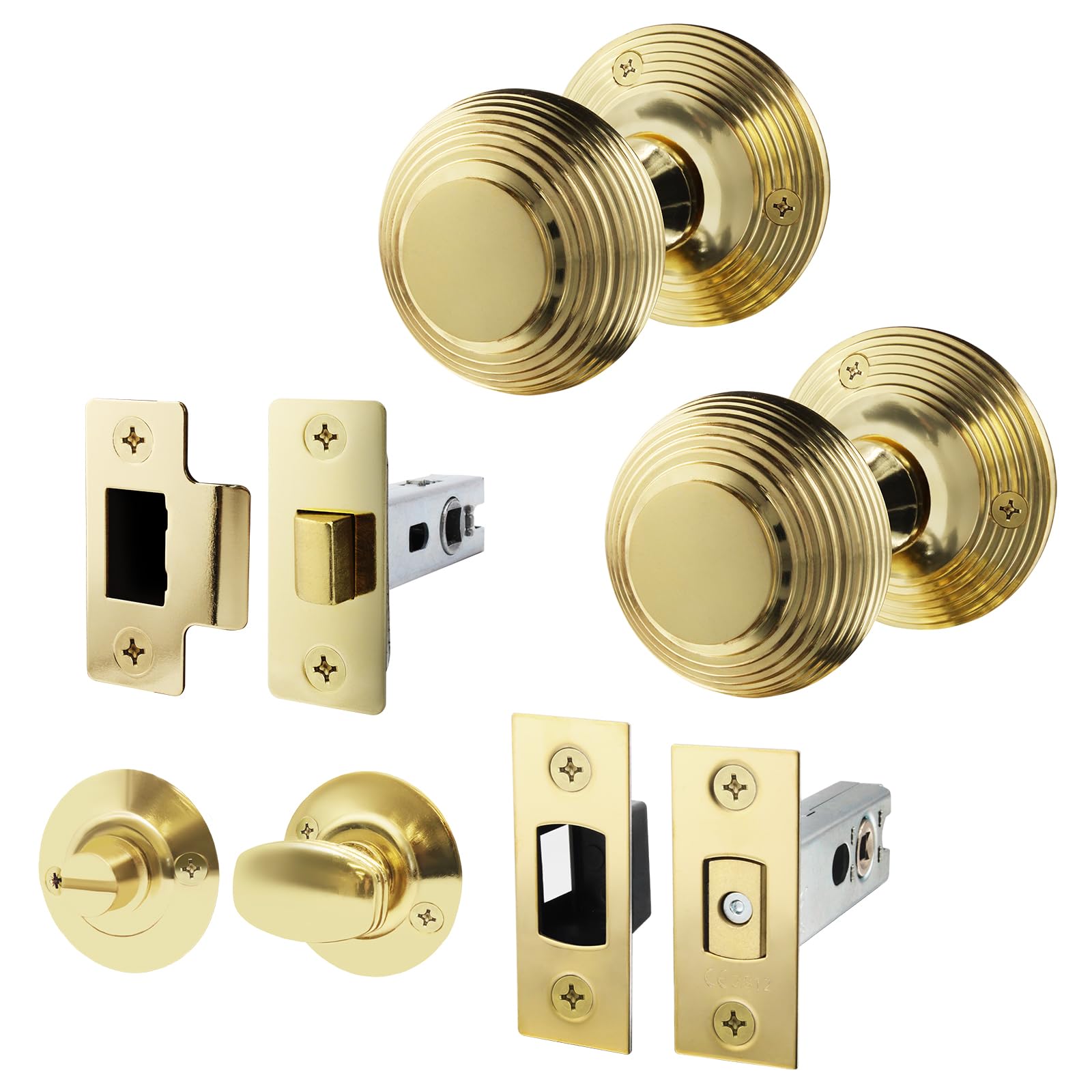 EAI Polished Brass Door Knobs with Latch and Deadbolt, 1 Pack - Beehive