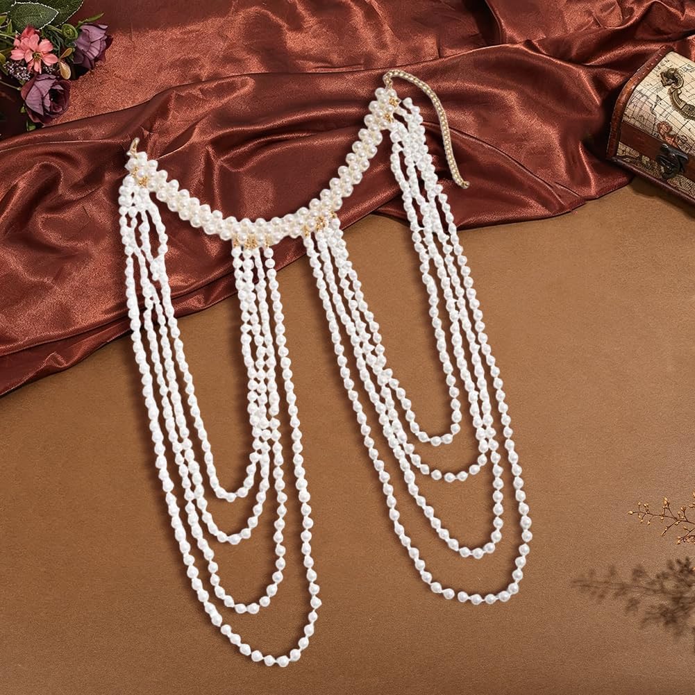 AHANDMAKER Pearl Body Chain White Adjustable Women Rave Jewelry Shoulder Necklace for Party Burlesque Outfits Halloween Boudoir Photography Decoration