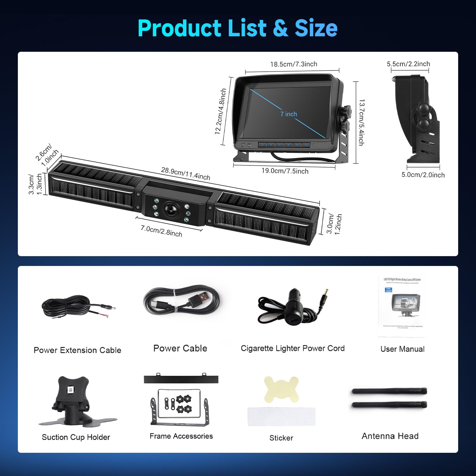 Hodozzy Solar Cámara Marcha Atrás Inalambrica Coche Kit Monitor 7 Pulgadas, Visión Nocturna 1080P 10000mAh Batería Recargable Cámara Trasera Solar Magnética Impermeable Grabación para Camion Caravana