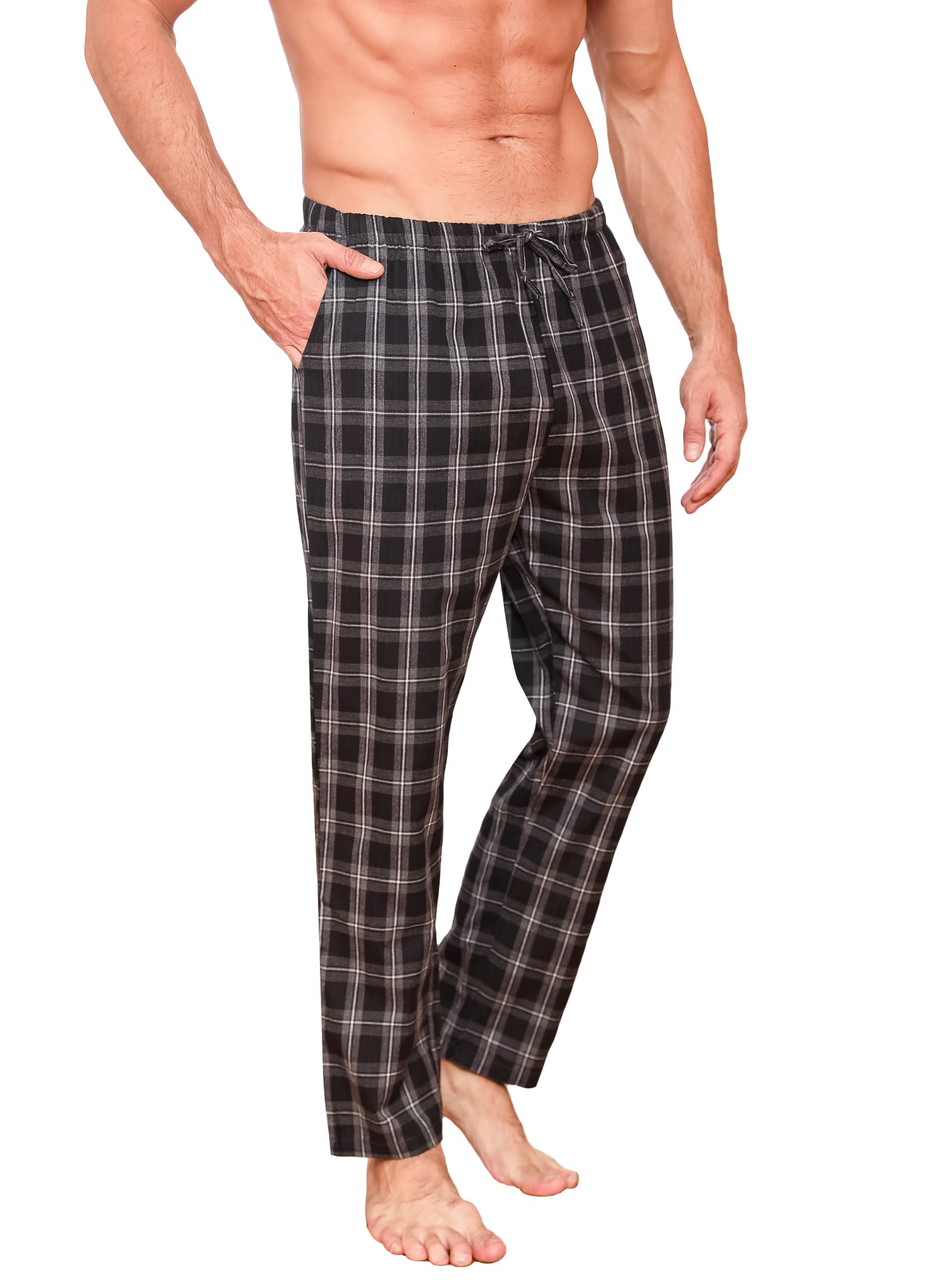 Herren Schlafanzughose Lang Baumwolle Karierte Pyjamahose Lounge Hose Pyjamaunterteil Freizeithose mit Seitentaschen für Männer, Gerade Geschnitten