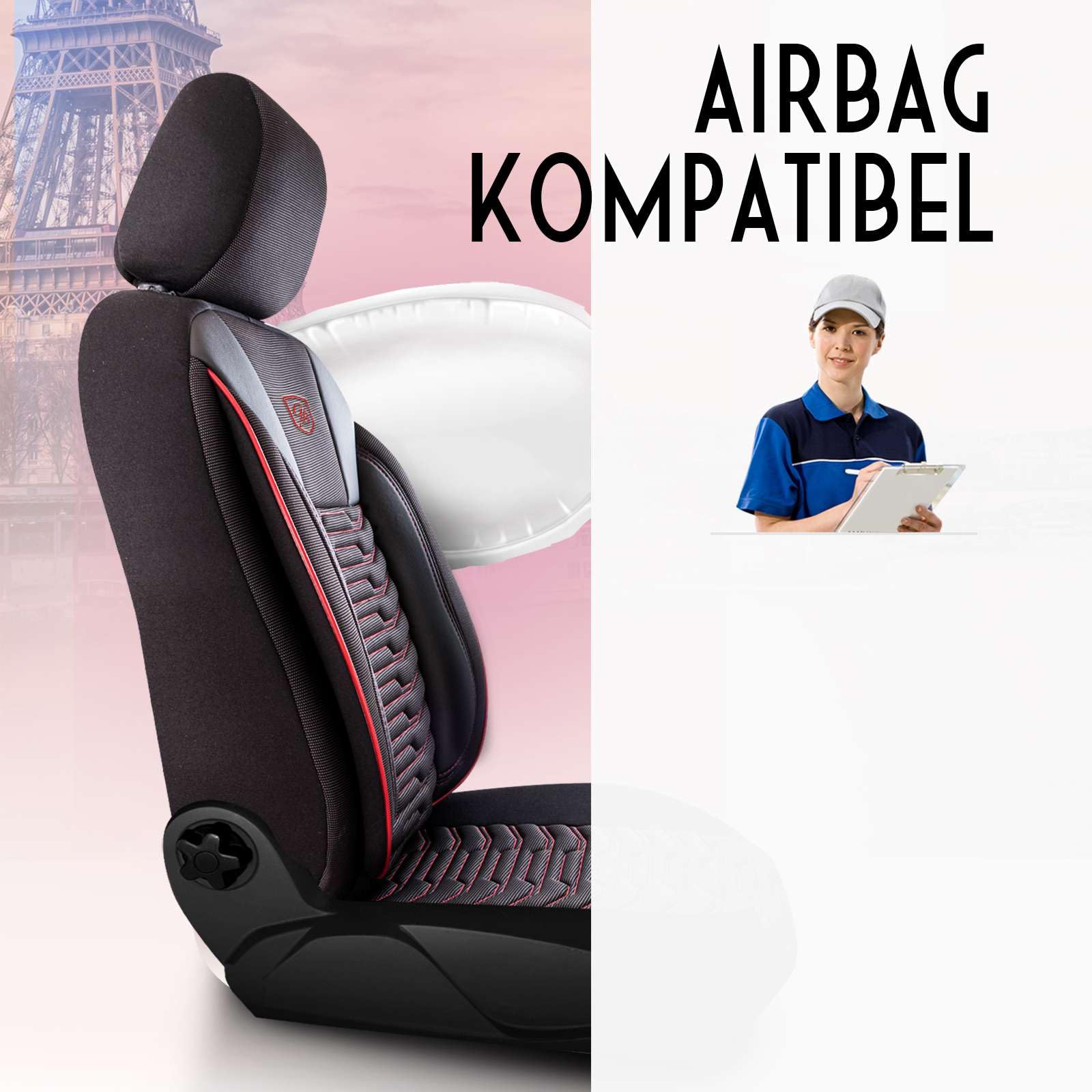 Autositzbezüge Universal für PKW & SUV – Premium Vordersitze Auto Sitzbezug aus Piqué-Stoff, Schwarz-Rot, Airbag-Kompatibel Sitzauflage, Autoschonbezug, Komplett Set inkl. Montageset